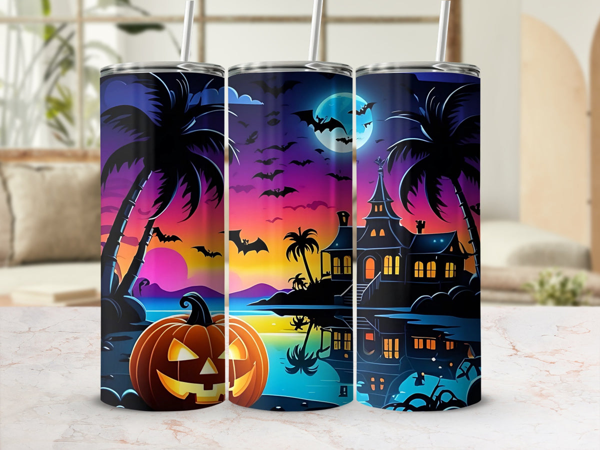 Three tumblers feature a spooky beach scene with a jack-o'-lantern, palm trees, and haunted house.