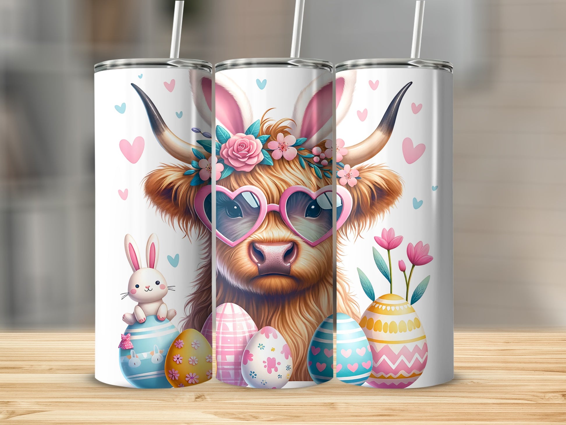 Cow with bunny ears and heart sunglasses surrounded by Easter eggs and flowers.