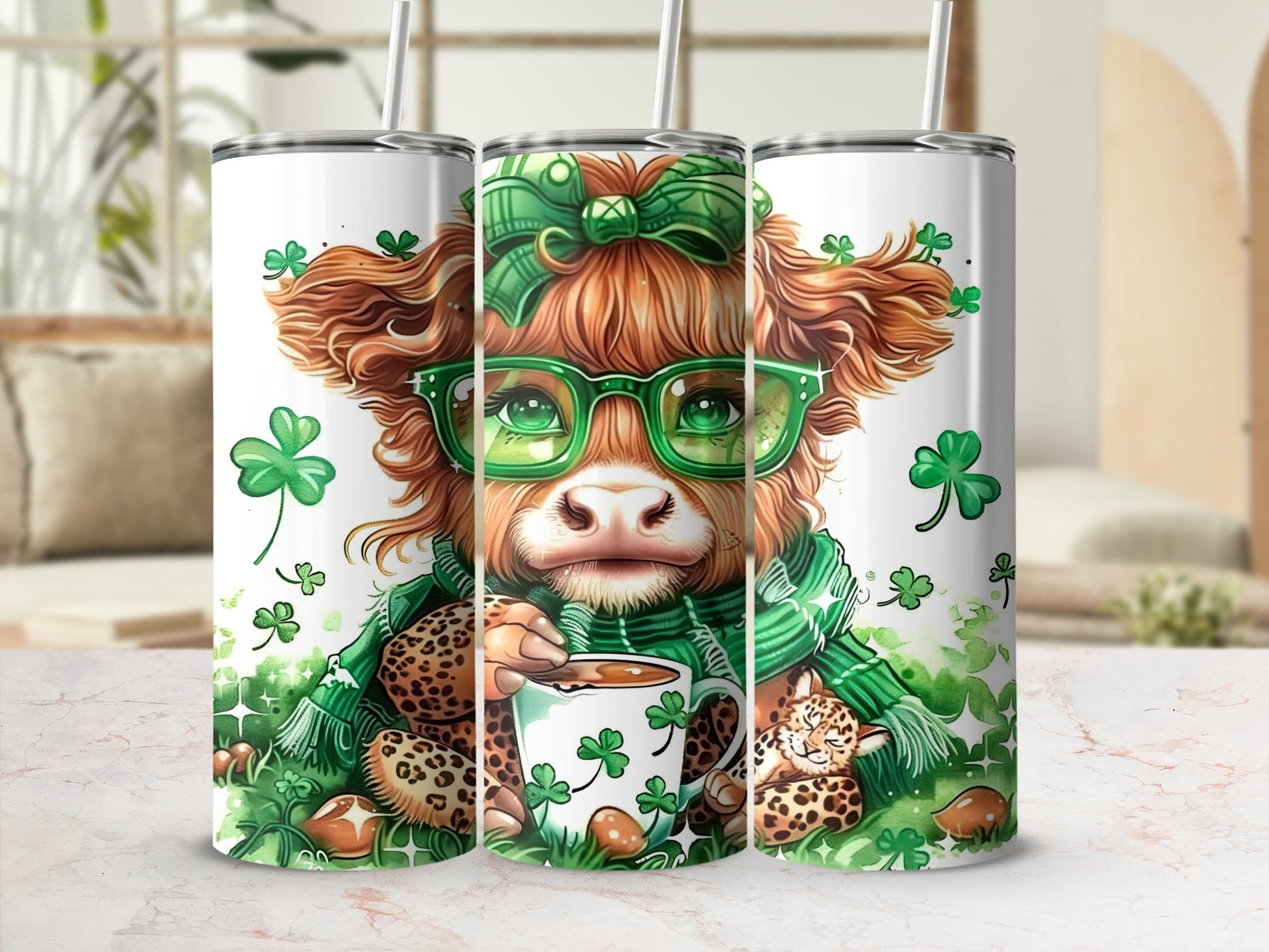 Highland cow in green glasses and scarf holding coffee cup, St. Patrick's Day theme.