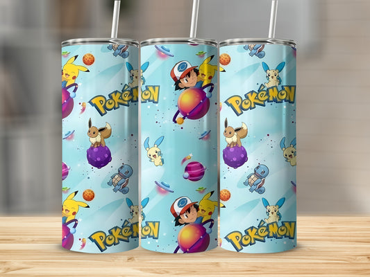 Colorful Pokemon Space Design Themed Tumbler with Straw