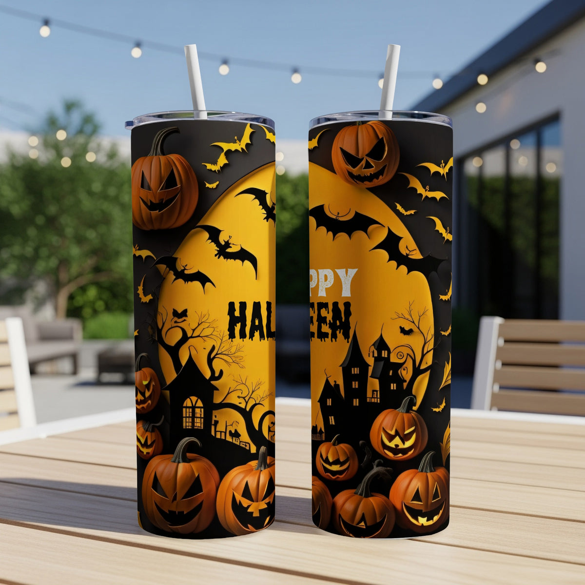 Two Halloween themed tumblers with pumpkins, bats, and haunted houses.