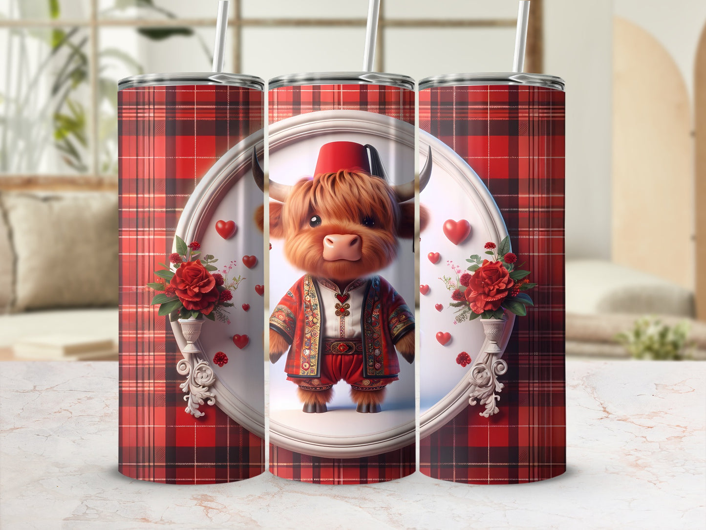 Tartan-patterned tumbler featuring a cute, anthropomorphic Highland cow in traditional clothing.
