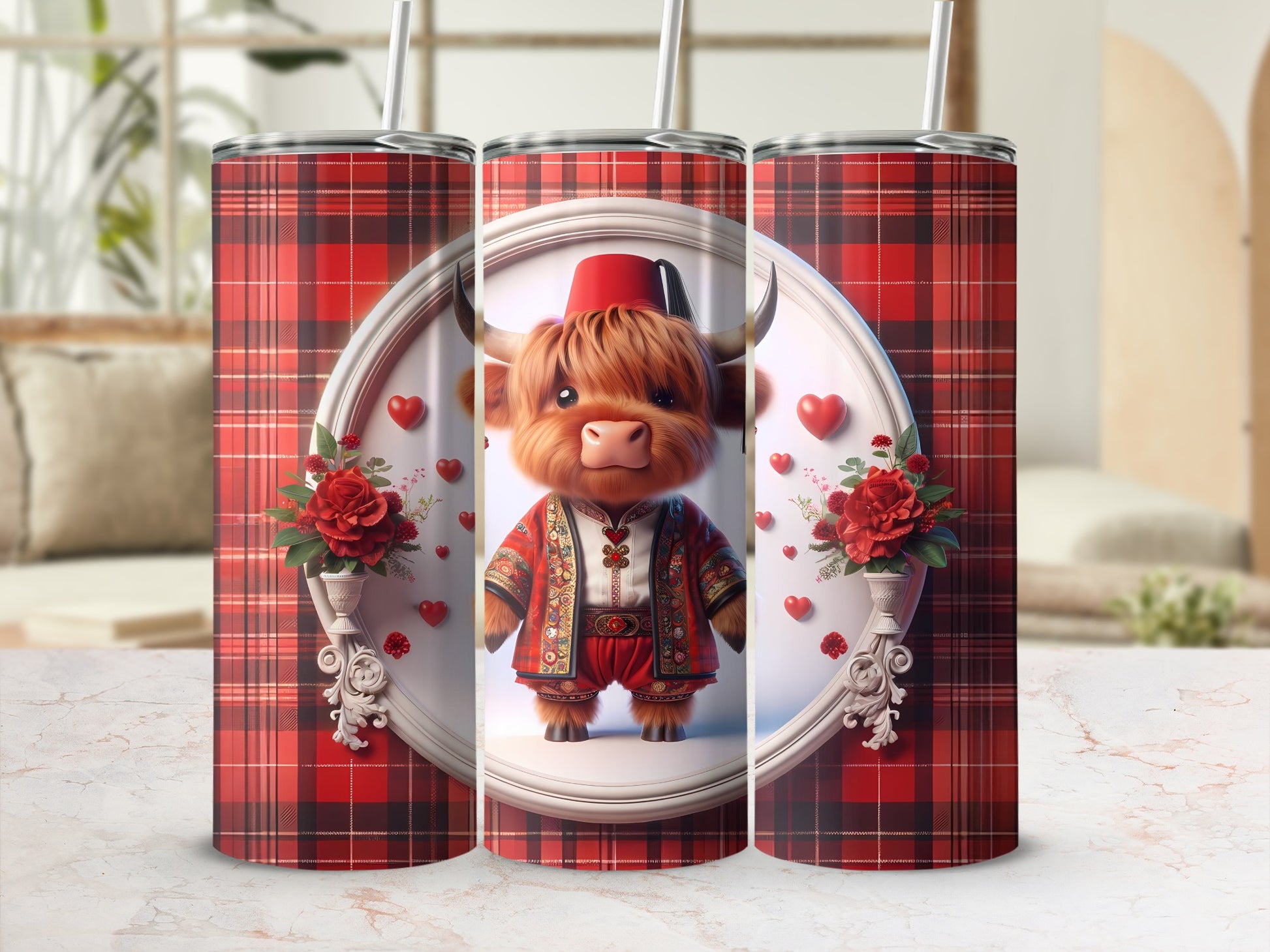Tartan-patterned tumbler featuring a cute, anthropomorphic Highland cow in traditional clothing.