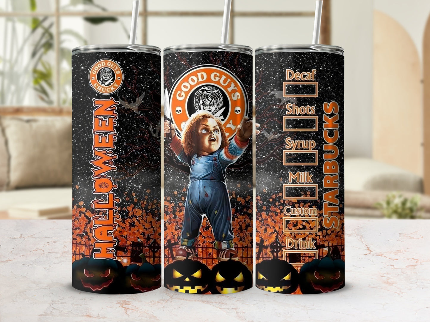 Chucky "Good Guys" tumbler with Halloween theme and Starbucks drink options.