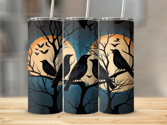 Three tumblers with a Halloween scene featuring crows on bare branches against a large moon.