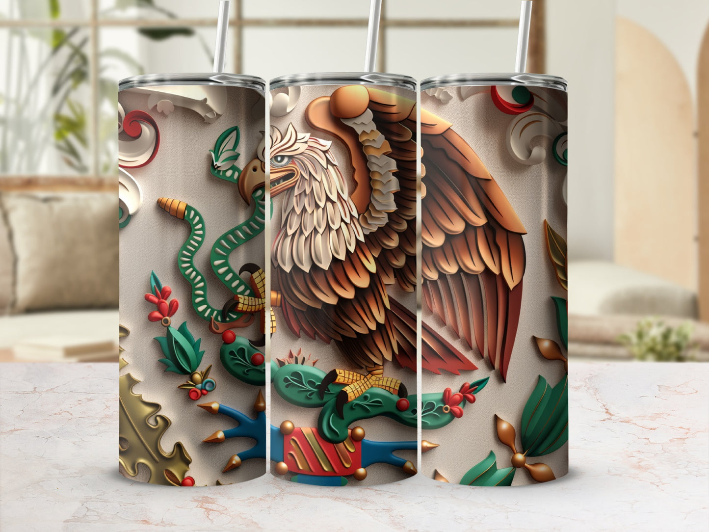 Mexican eagle and snake emblem on a patterned tumbler with straw.