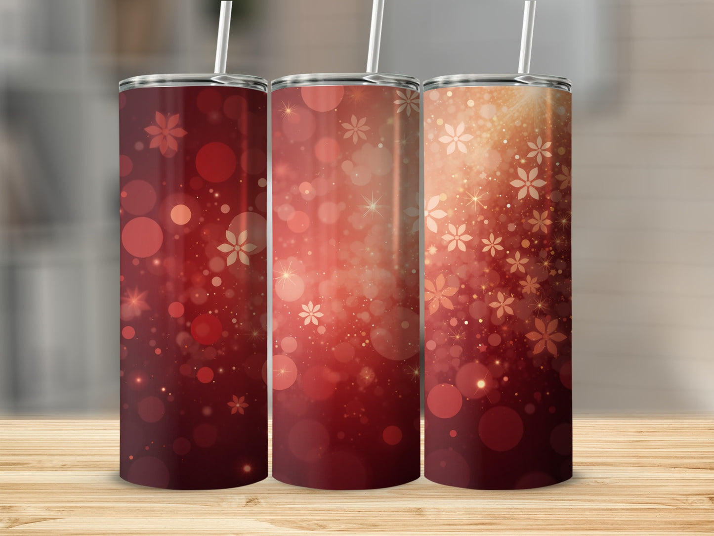 Festive Red Floral and Bokeh Design Tumblers