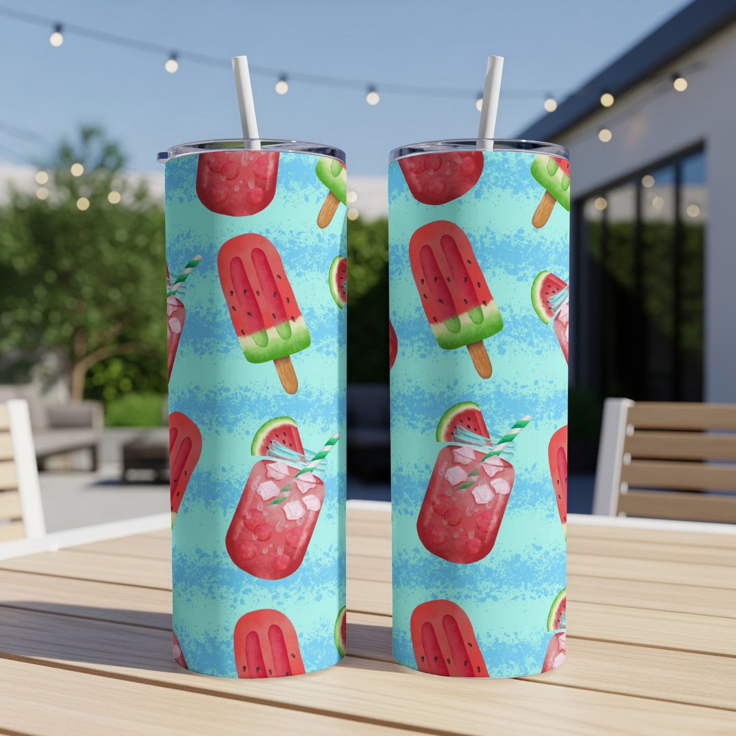 Two tumblers with watermelon popsicle and drink patterns on a table.