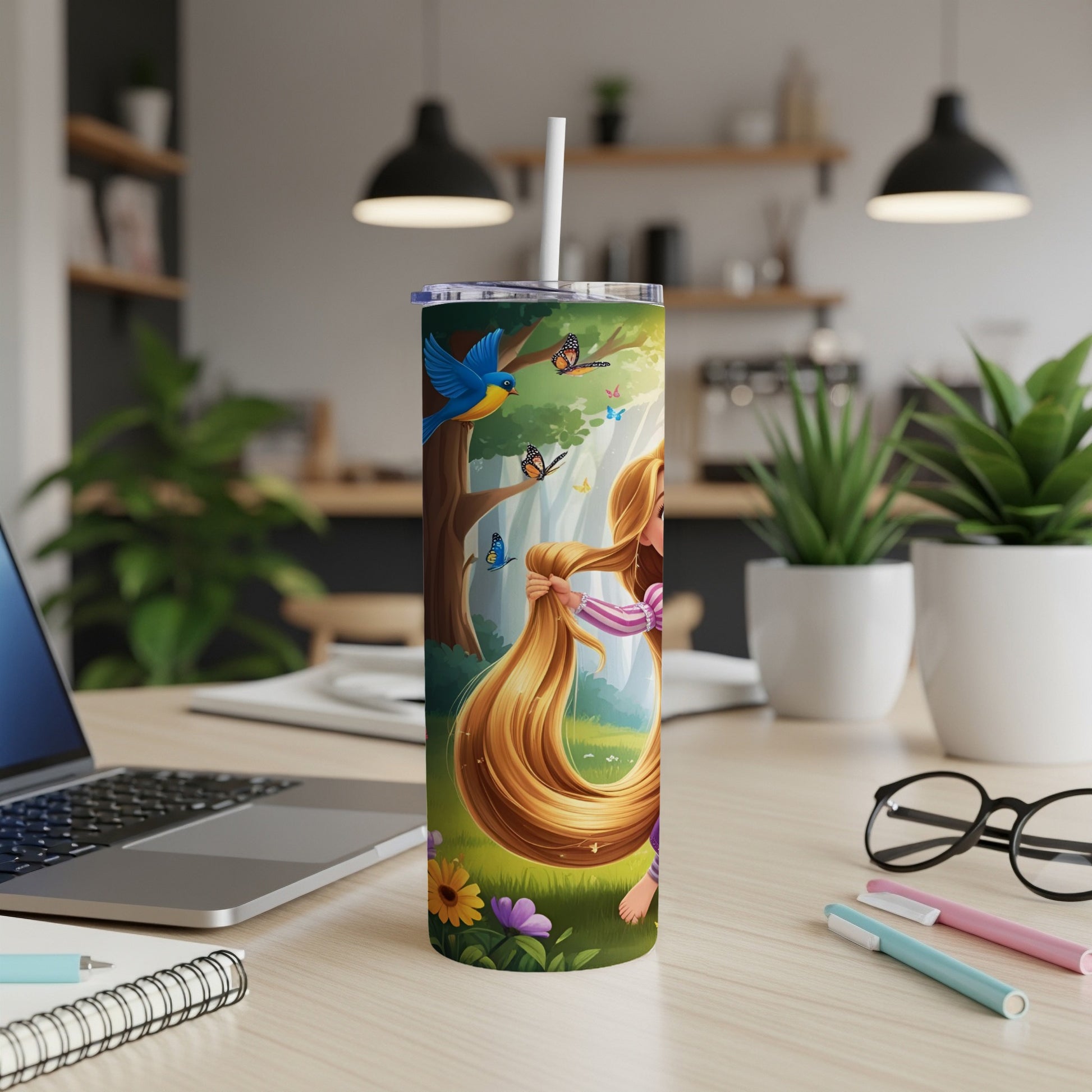 Rapunzel with long blonde hair and butterflies, holding a paintbrush.