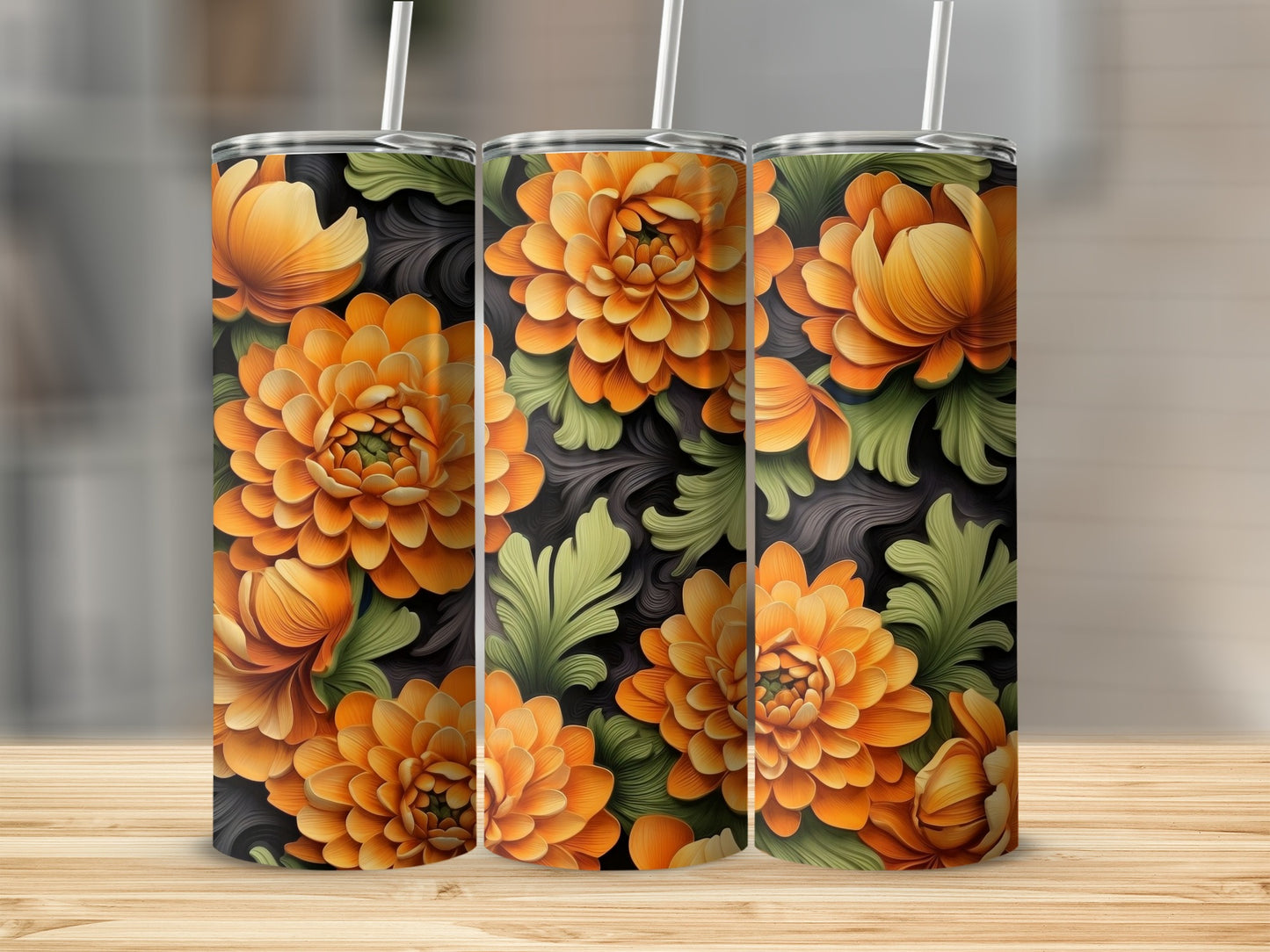 Orange Chrysanthemum Green Leaf Dark Floral Pattern product type