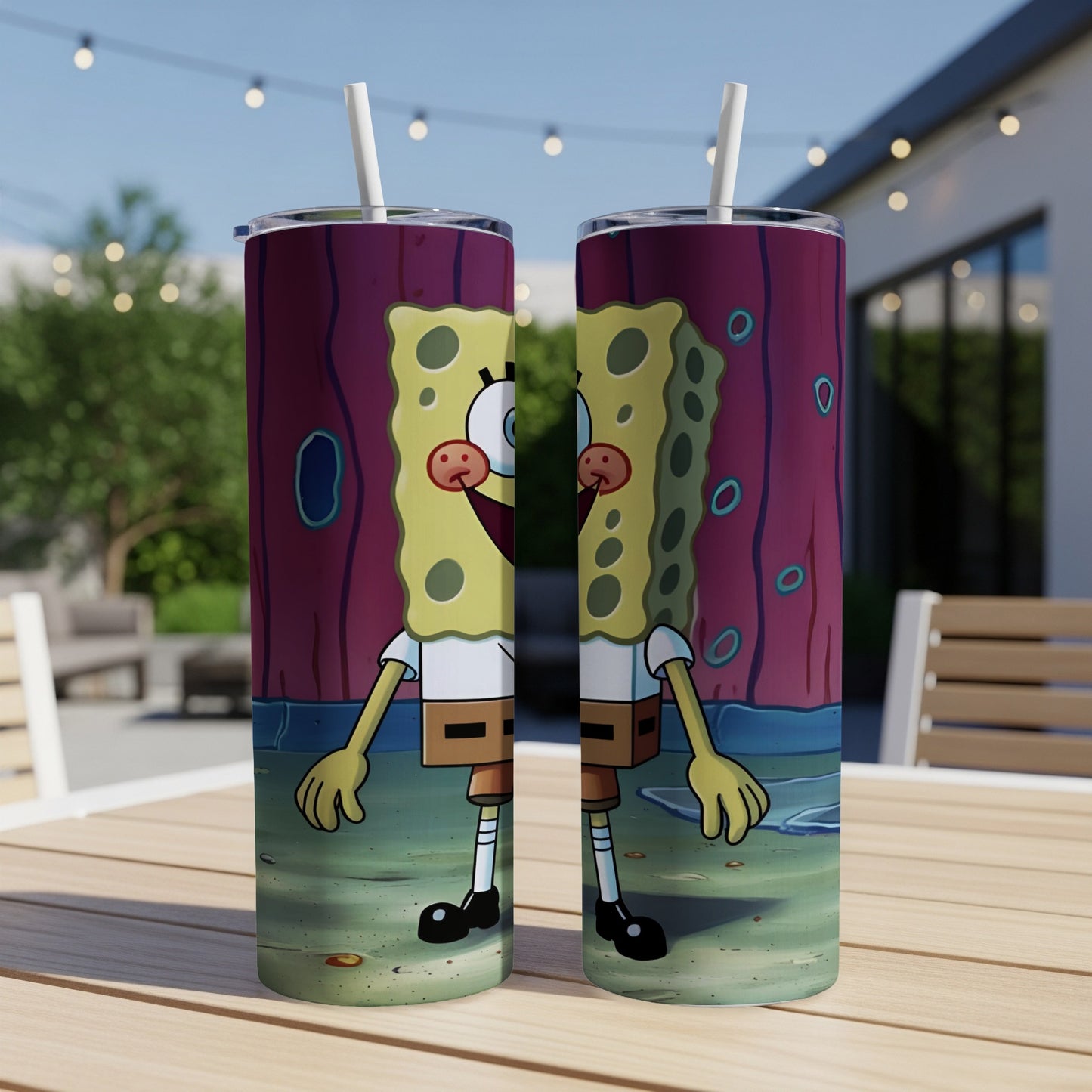 SpongeBob SquarePants character on two identical tumblers outdoors.
