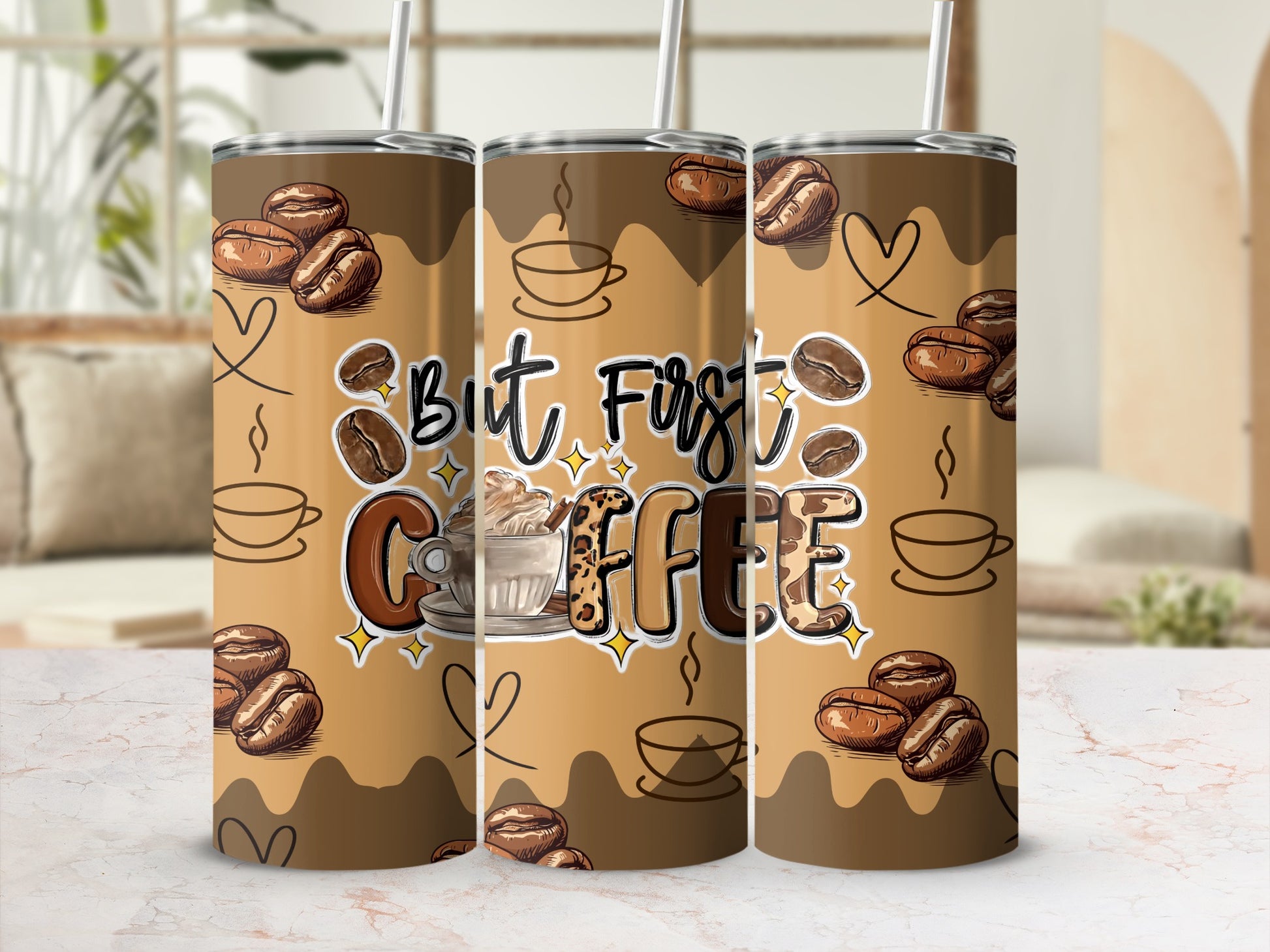 But First Coffee Tumbler with Coffee Beans and Cup Design