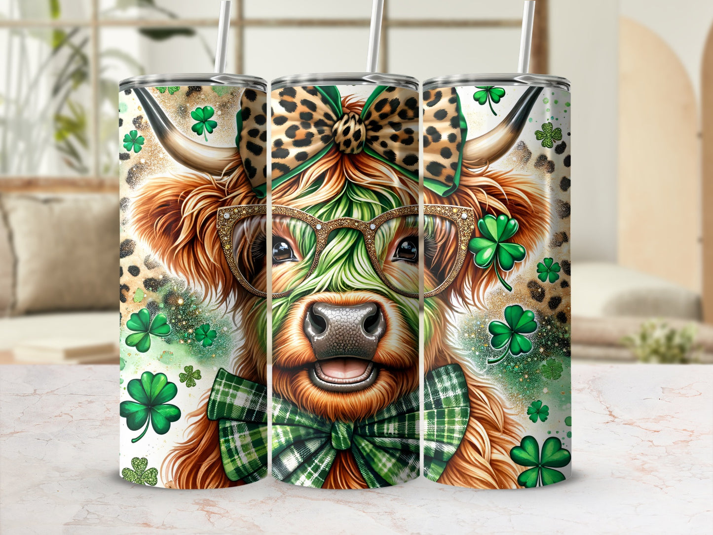 Cow with glasses and bow tie, surrounded by shamrocks and glitter.