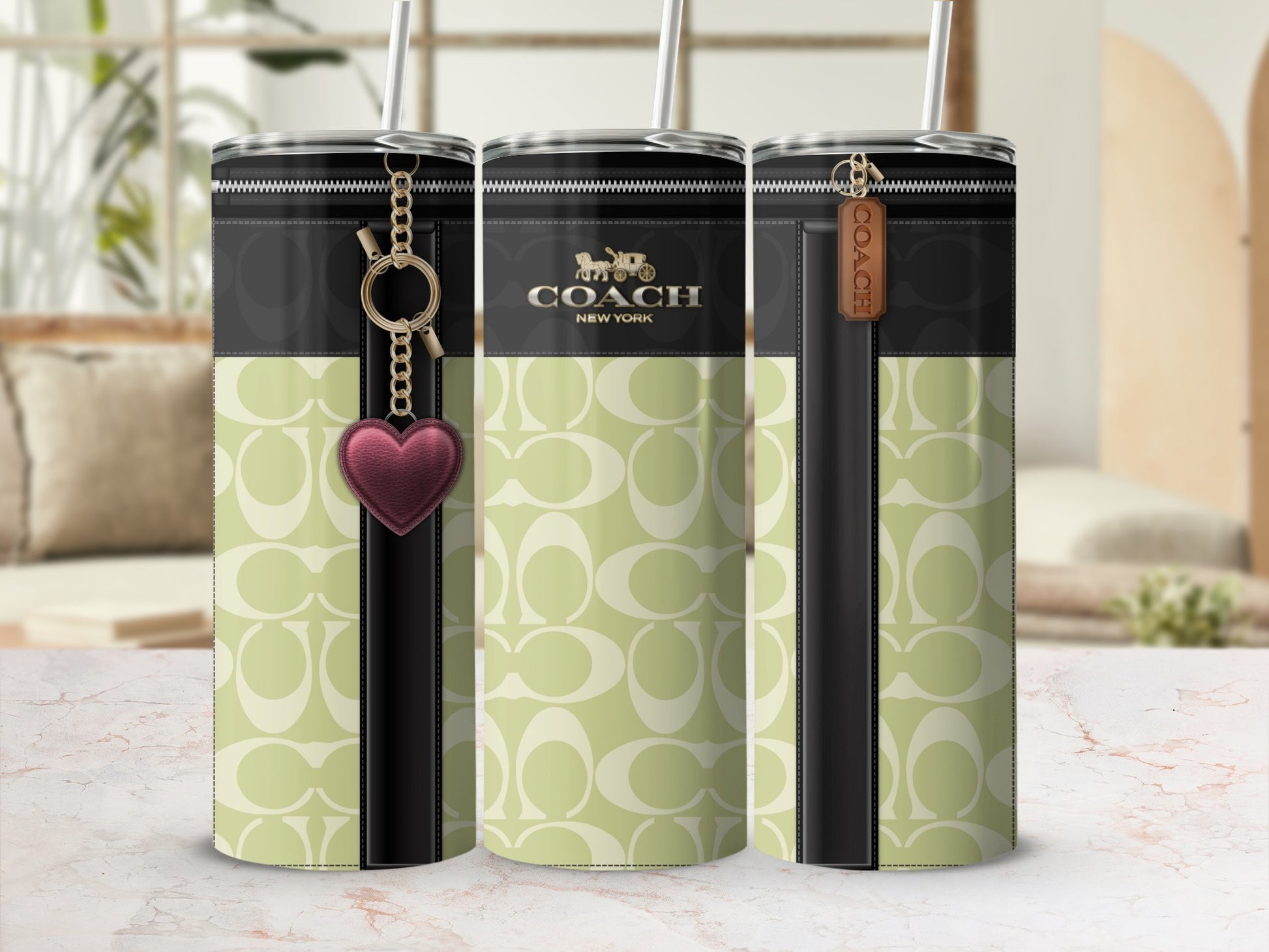 Stylish COACH Tumbler with Heart Charm and Logo Design