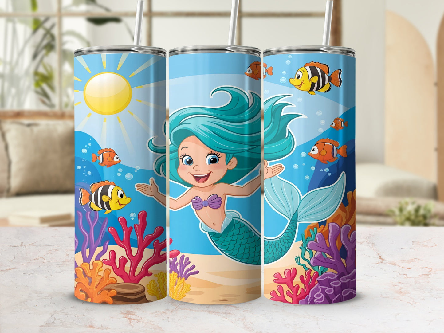 Mermaid with blue hair surrounded by colorful coral and fish.