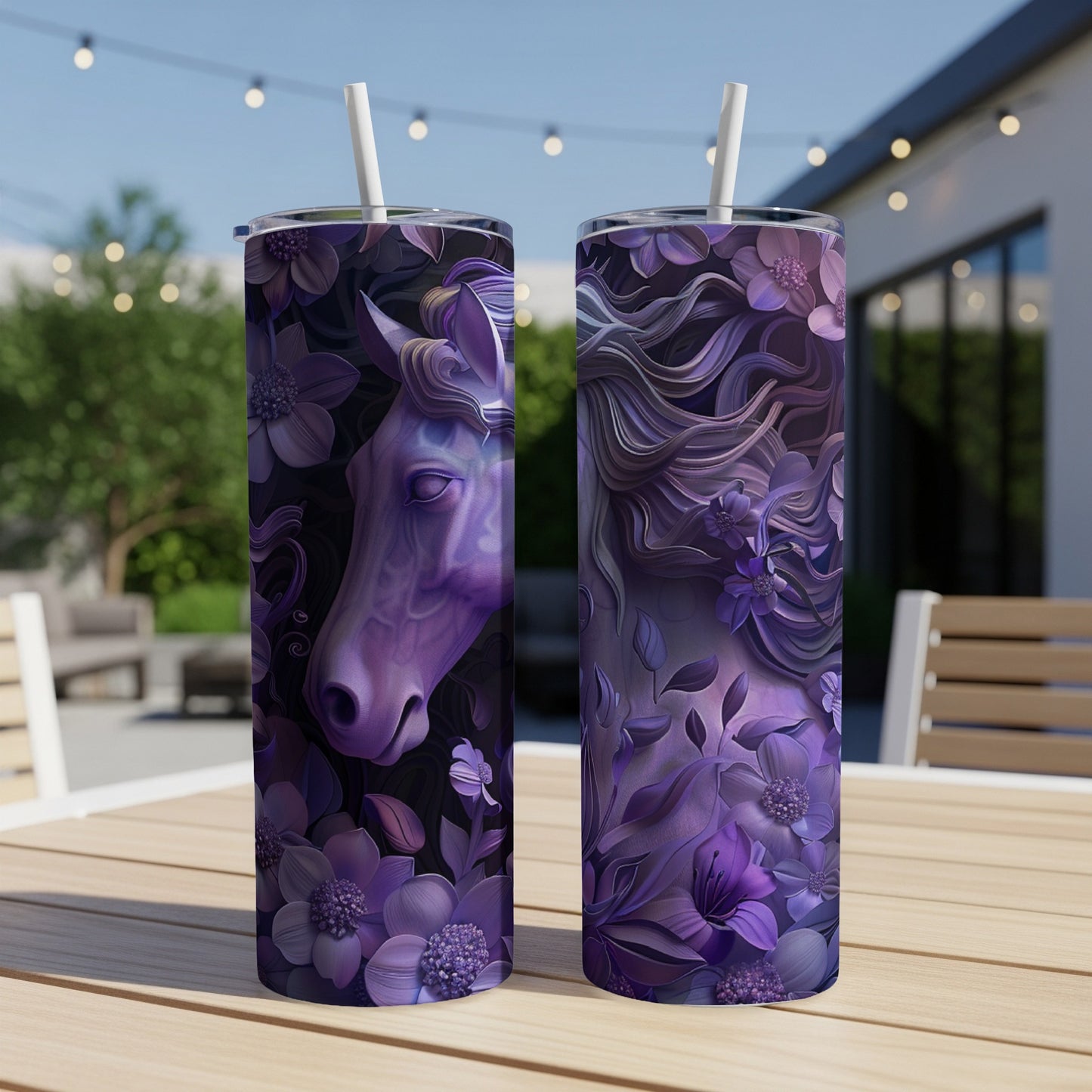 Purple horse and floral design on two tumblers on a wooden table.
