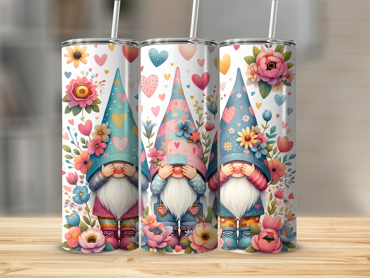 Three gnomes wearing floral hats with hearts and flowers.