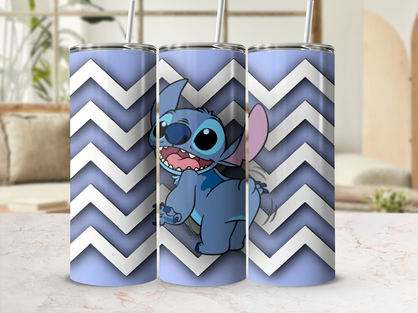 Blue Stitch character on a chevron patterned tumbler.