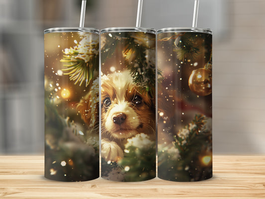 Festive Dog and Christmas Tree Glitter Tumbler Cup