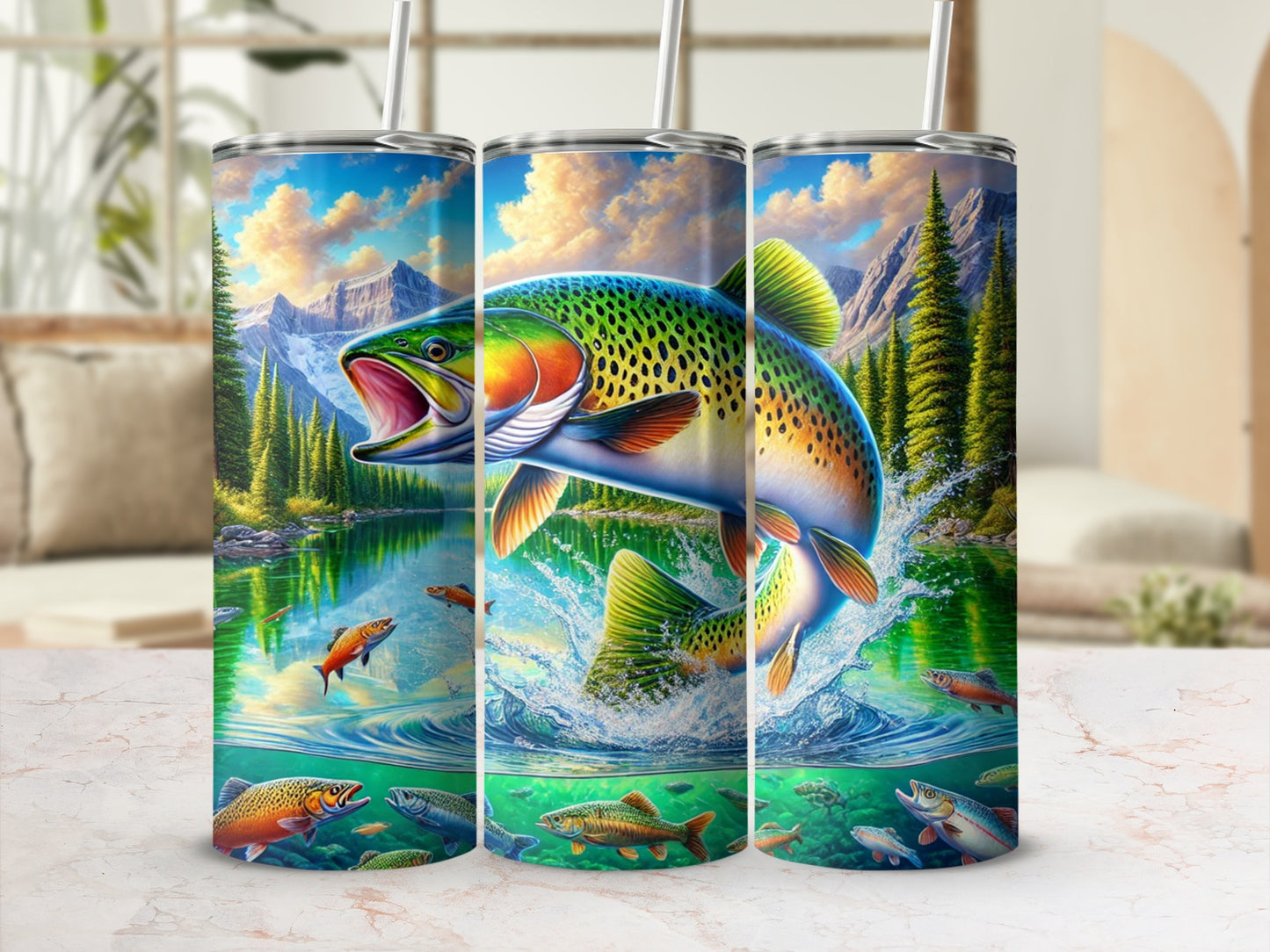 Vibrant Mountain Lake Fish Scene Tumbler Product
