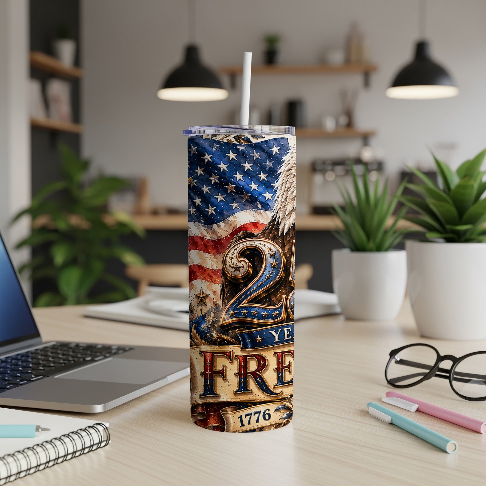 Tall tumbler with American flag, eagle, and "2 Years Free 1776" text.
