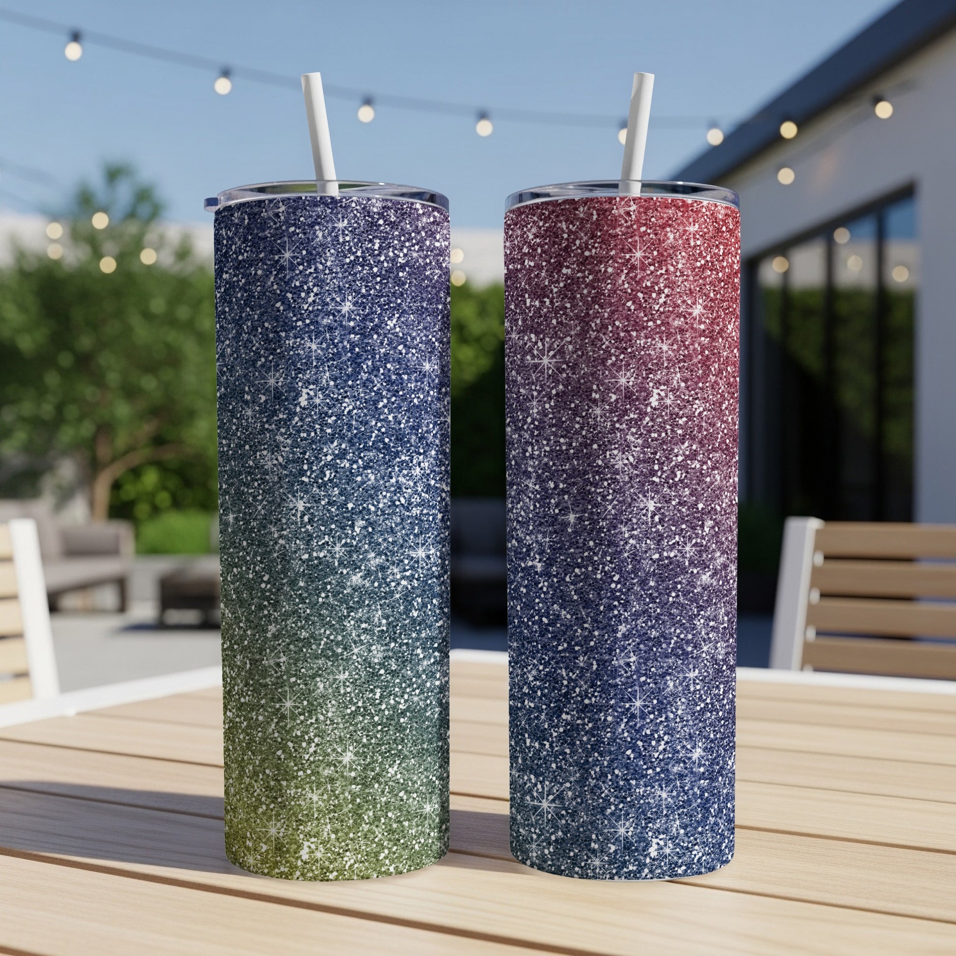 Two glitter tumblers with gradient colors: blue-green and red-blue, with white straws.