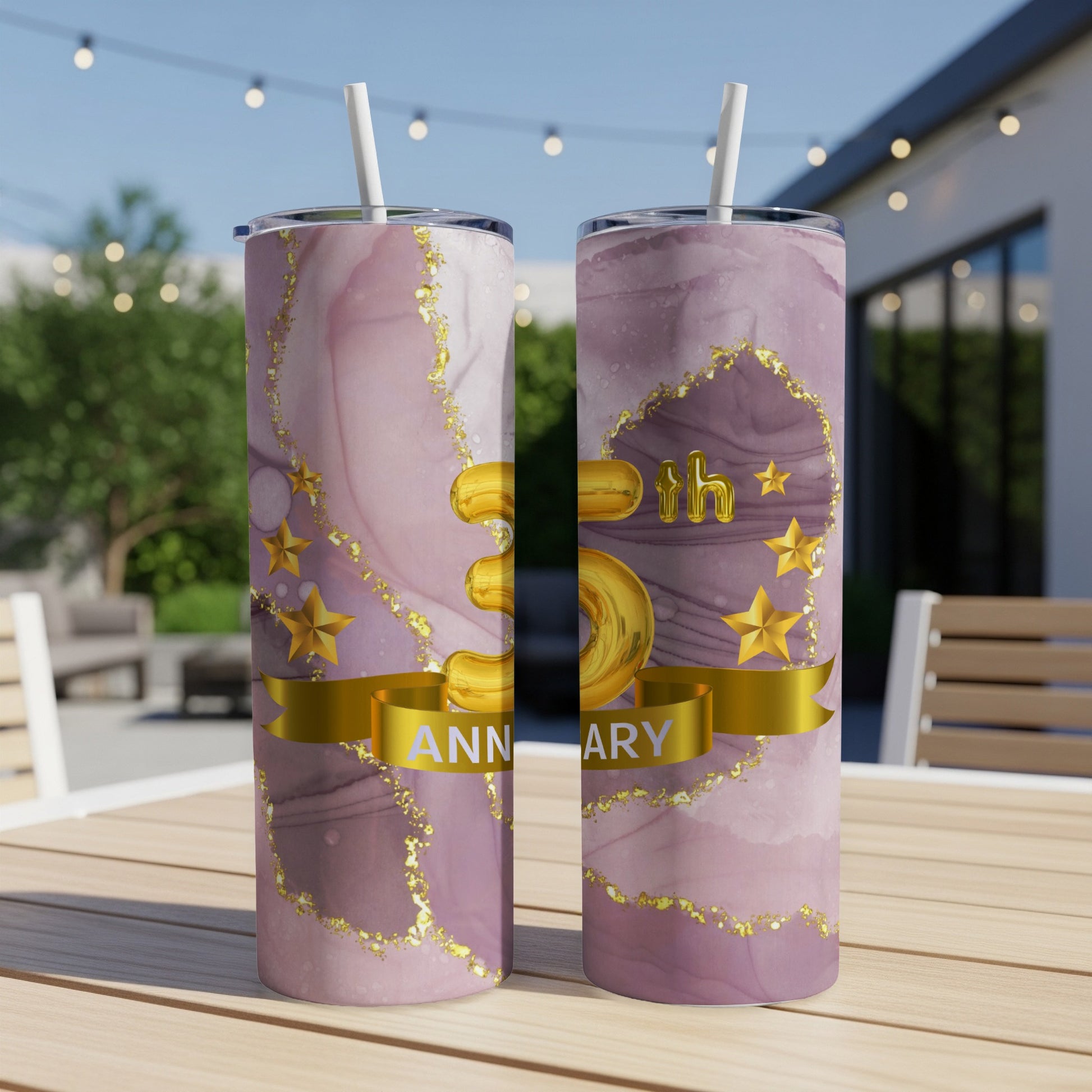 Marble-patterned tumbler with "33rd Anniversary" text and gold stars.