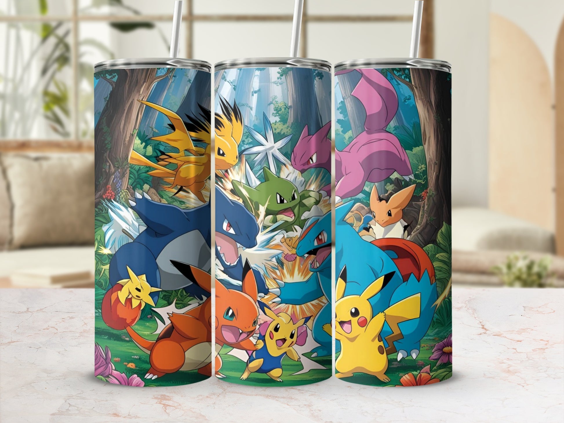 Vibrant Cartoon Forest Design Insulated Tumbler Cups