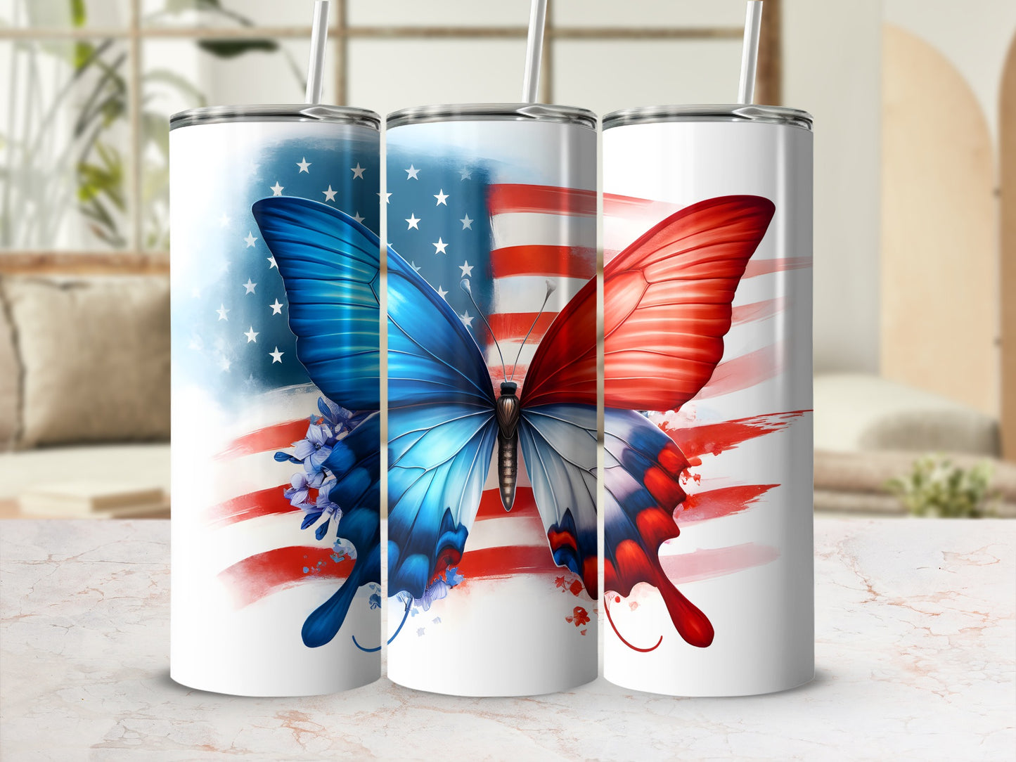 Tumbler with patriotic butterfly and American flag design.