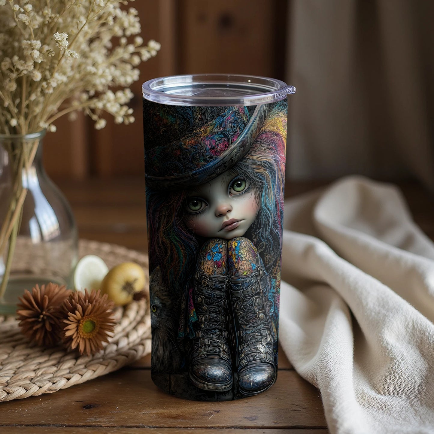 Whimsical Art Tumbler Featuring a Thoughtful Doll