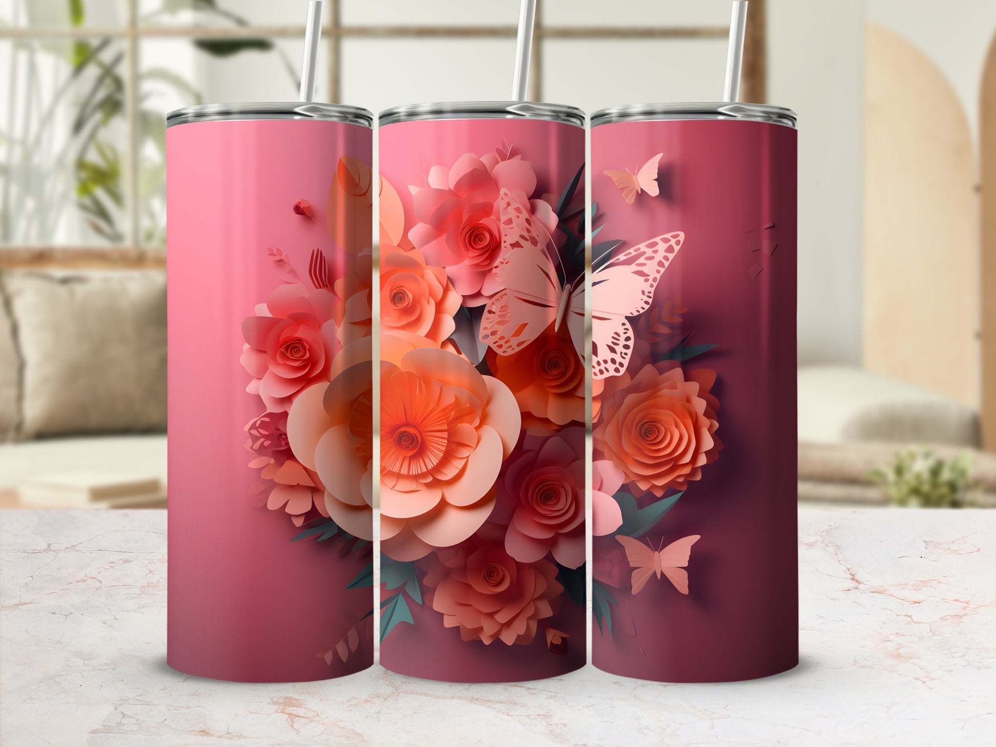 Pink tumbler with floral and butterfly design.
