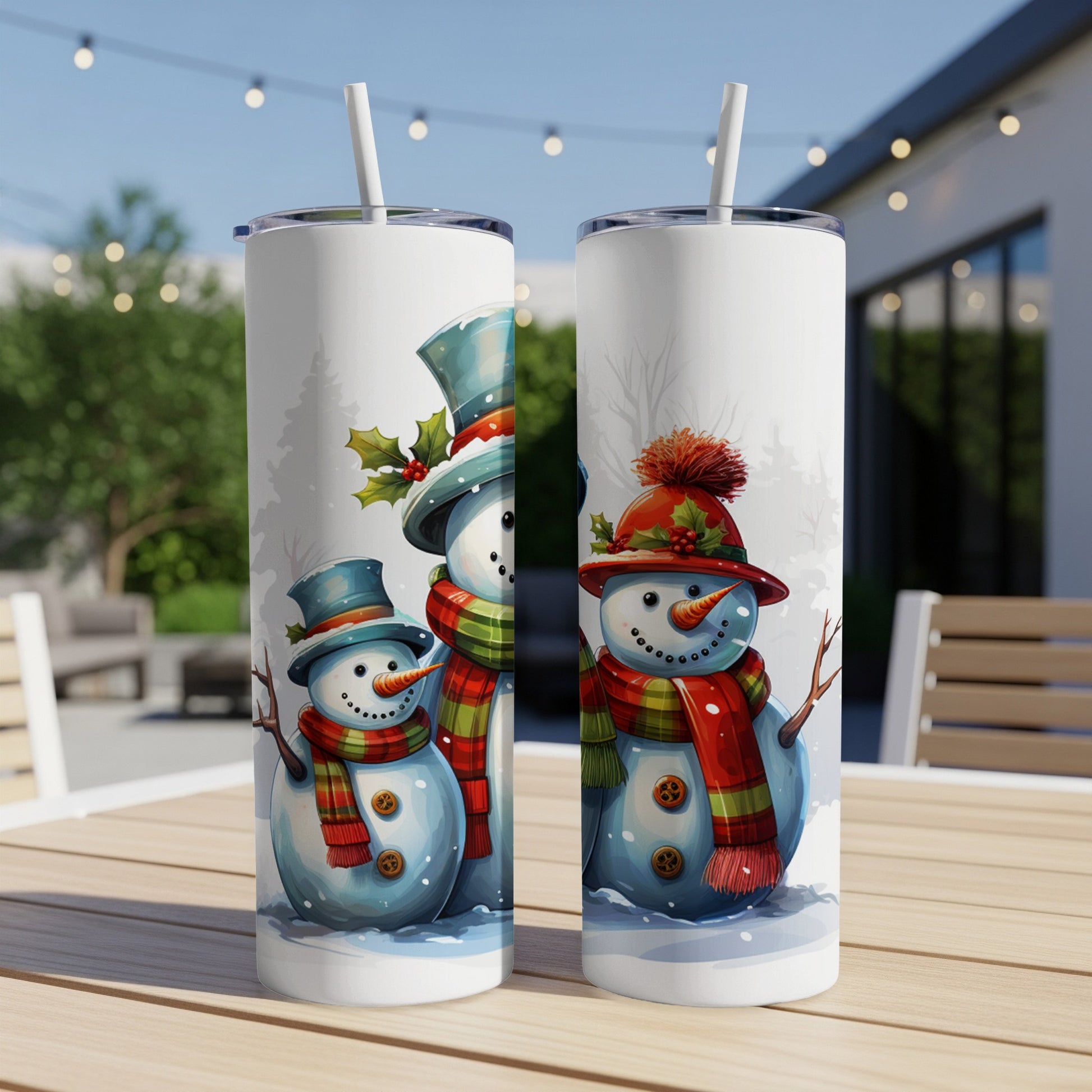 Two snowmen with colorful scarves and hats, one with a blue top hat.