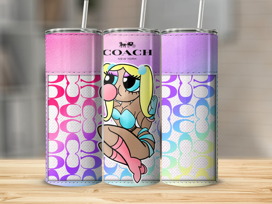 Three tumblers featuring a stylized cartoon character and the Coach logo.