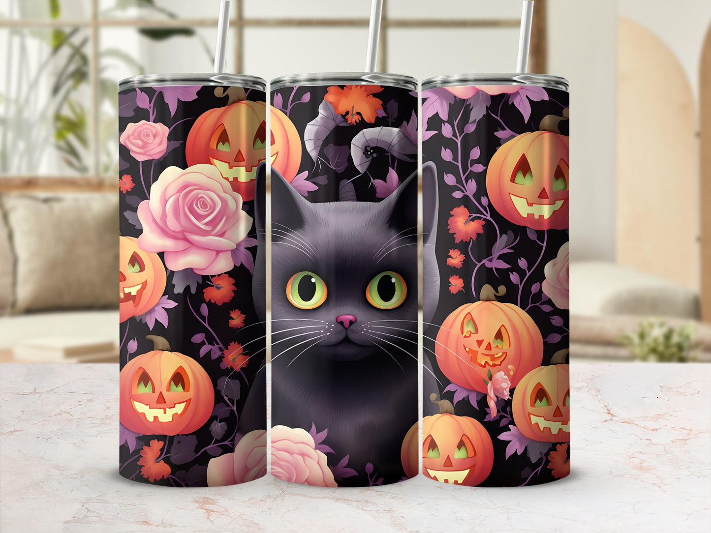 Black cat with green eyes surrounded by pumpkins, roses, and floral patterns.