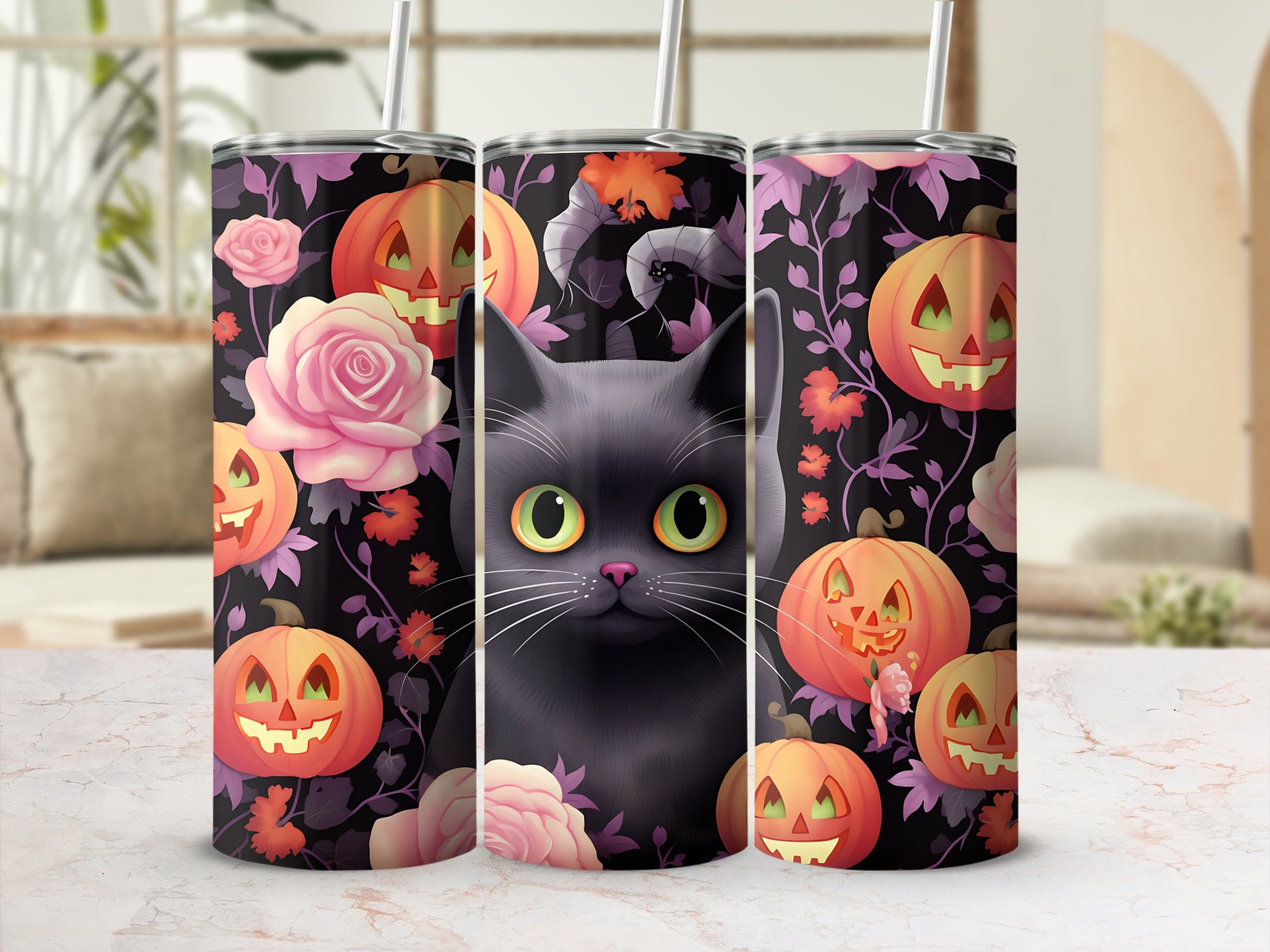 Black cat with green eyes surrounded by pumpkins, roses, and floral patterns.