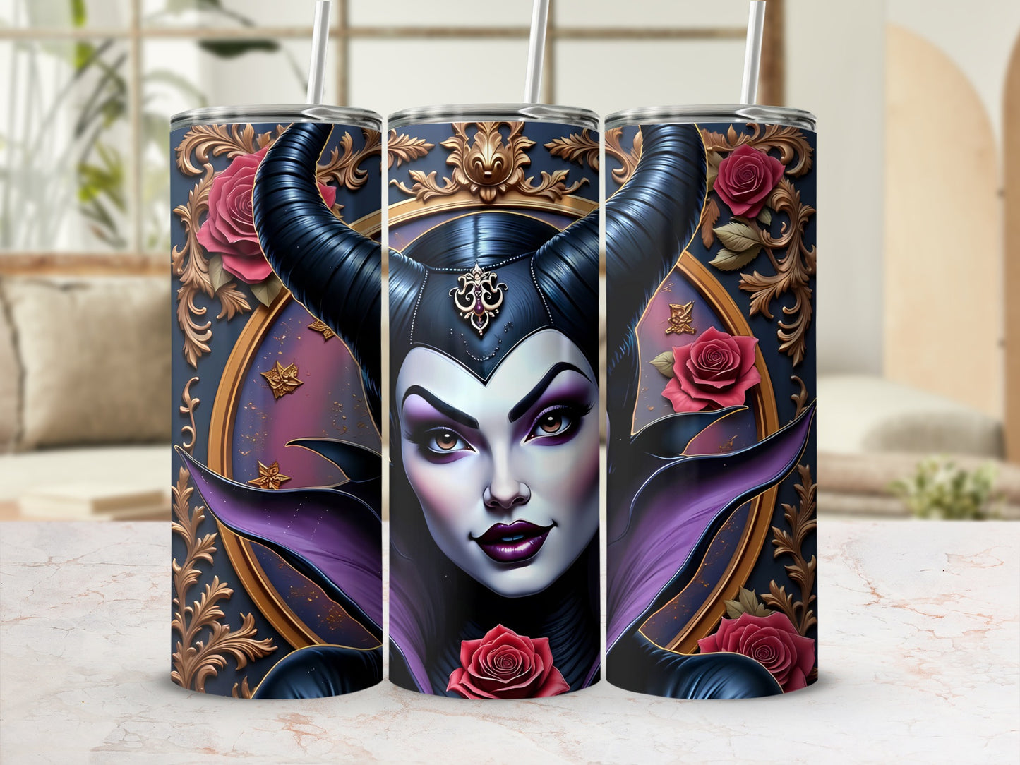 Maleficent Fantasy Design Tumbler Cup with Straw Set