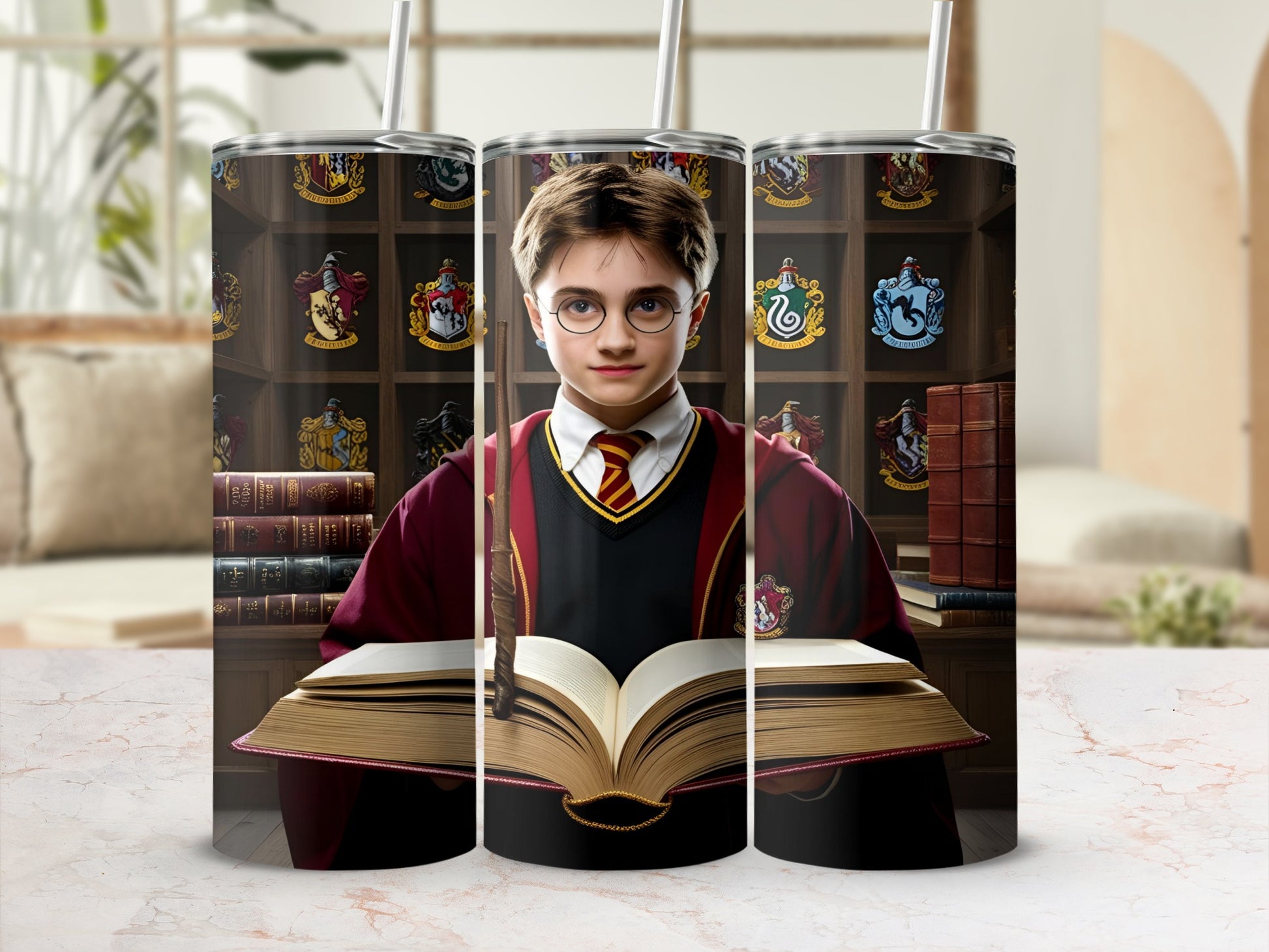 Harry Potter character reading open book, surrounded by Hogwarts crests.