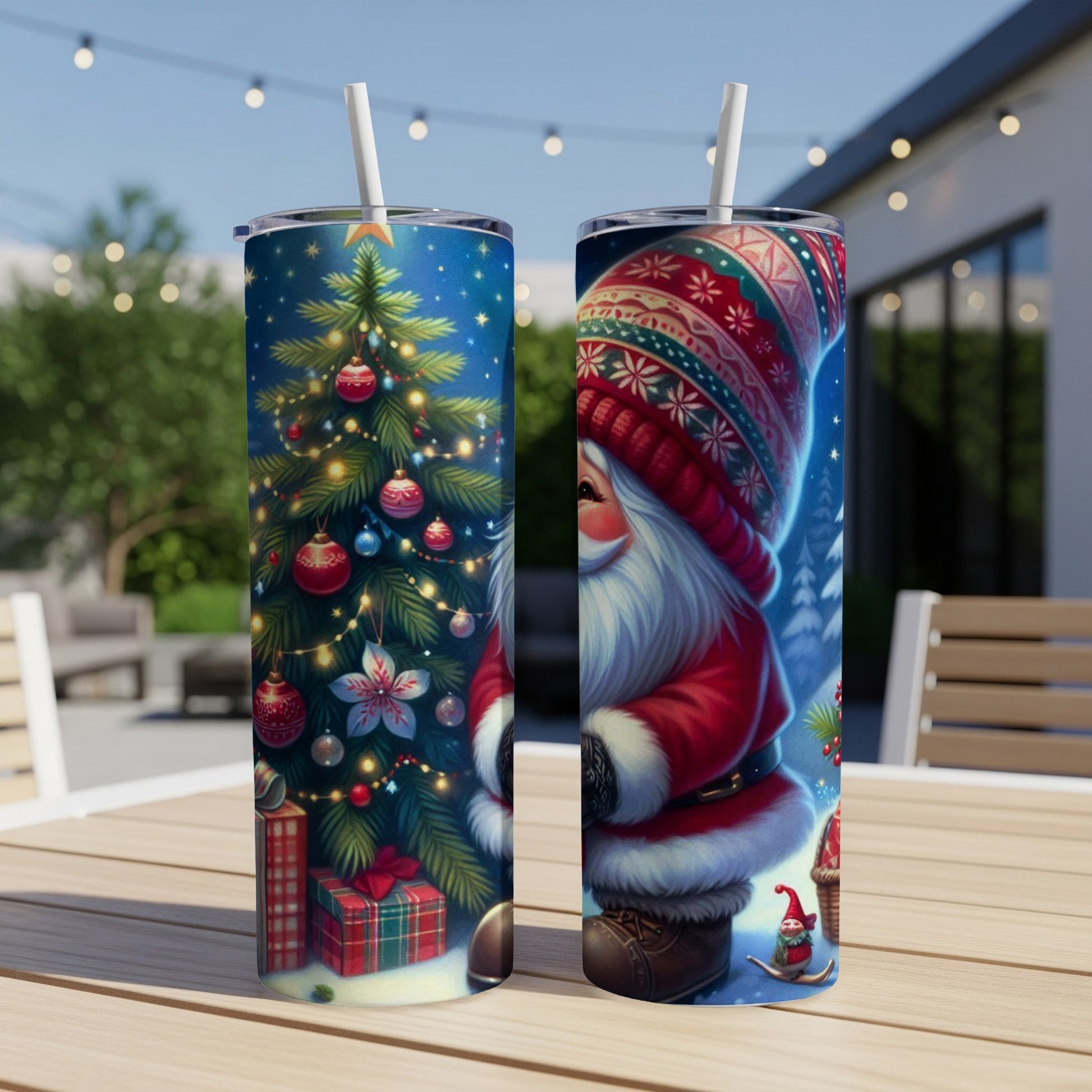Santa Claus and Christmas tree design on two tumblers.