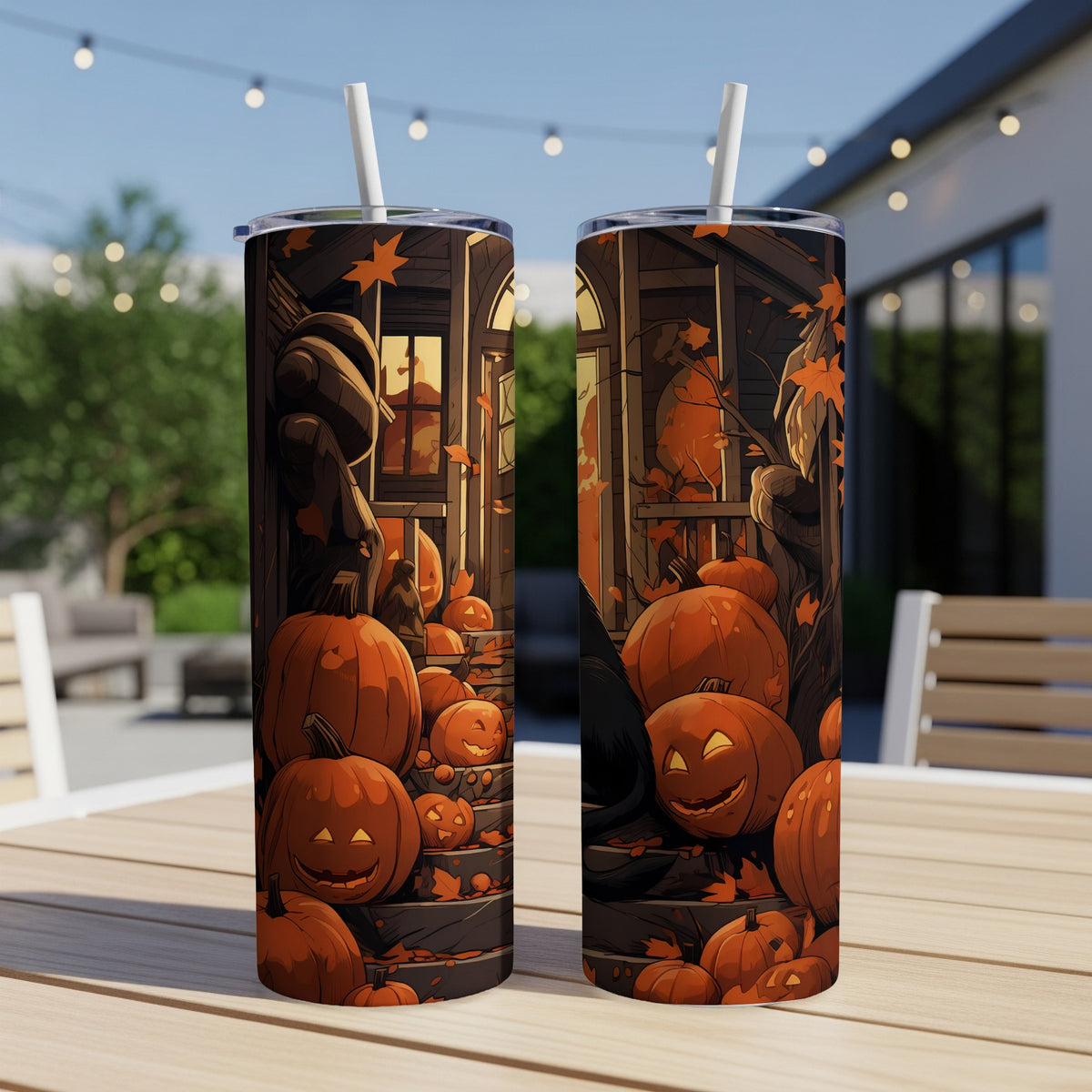 Two tumblers with a Halloween theme featuring pumpkins and autumn leaves.
