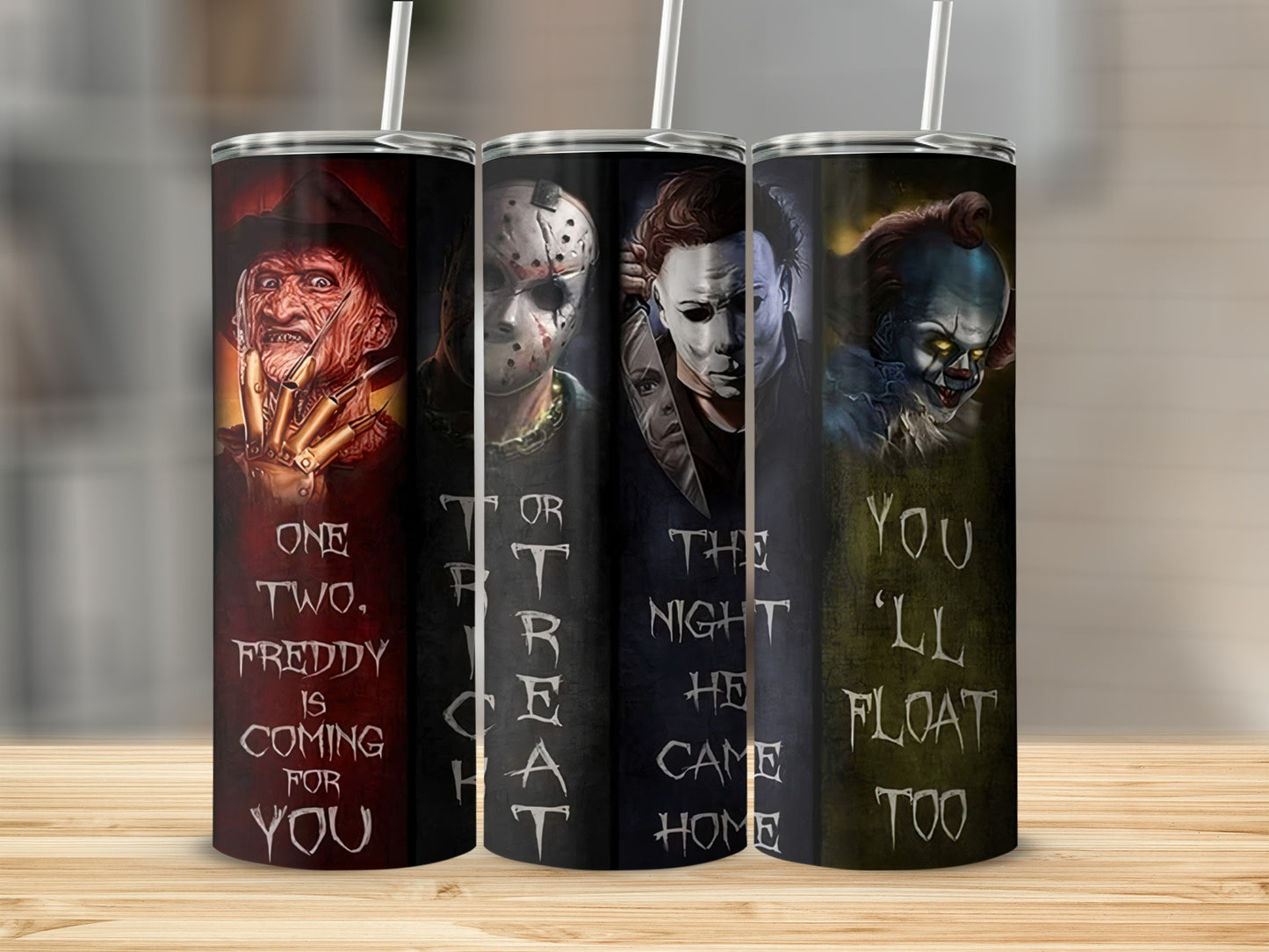 Four tumblers with horror characters Freddy, Jason, Michael Myers, and Pennywise.