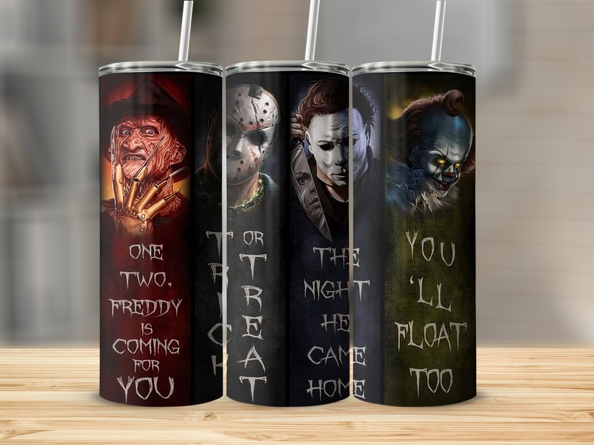 Four tumblers with horror characters Freddy, Jason, Michael Myers, and Pennywise.