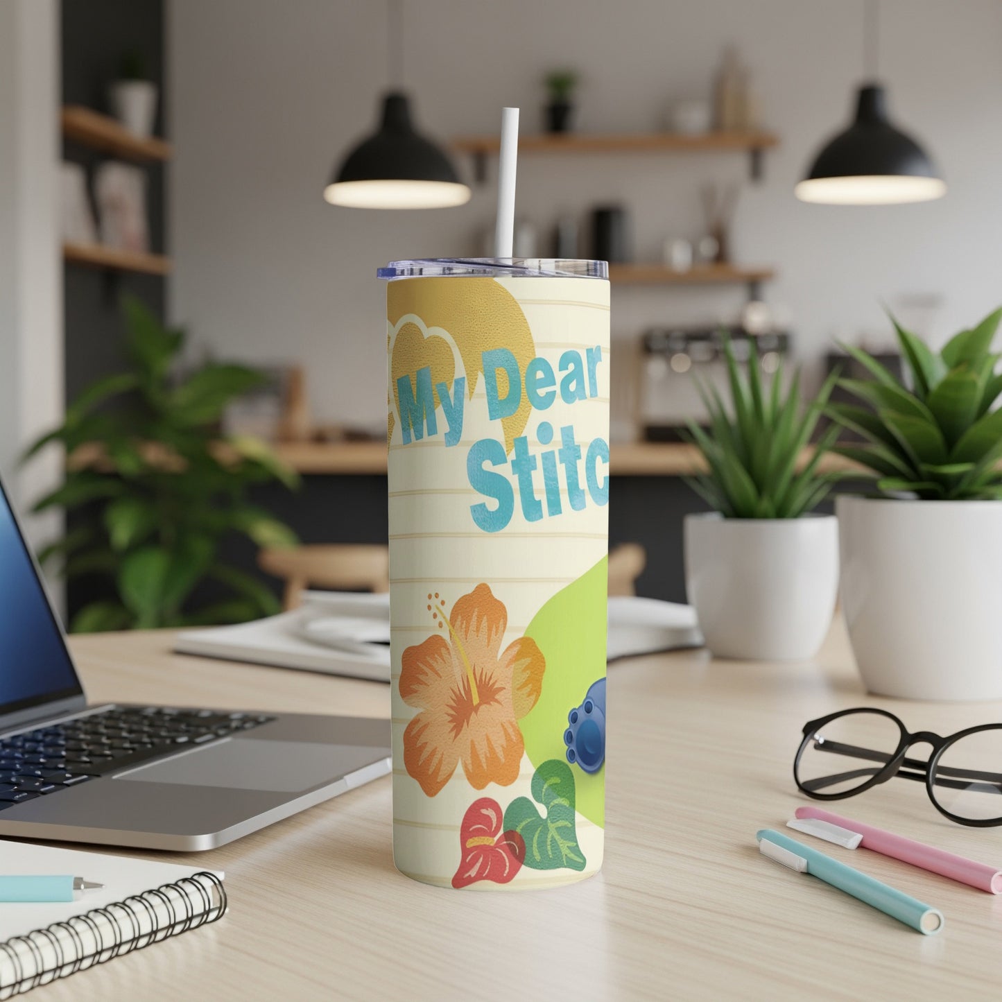 Yellow tumbler with "My Dear Stitch" text and tropical flower and leaf graphics.