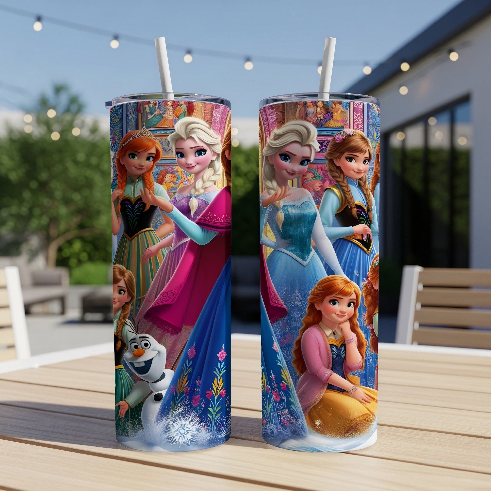 Frozen characters Elsa, Anna, and Olaf on a decorative tumbler.