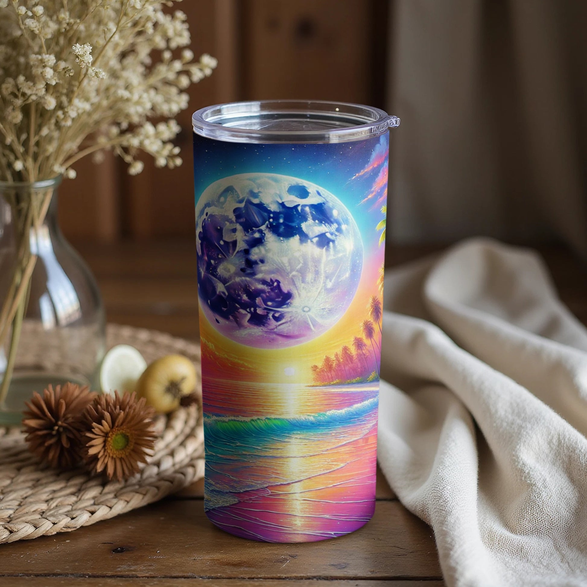Vibrant Moonlit Beach Scene Insulated Tumbler