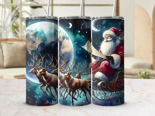 Santa Claus with Reindeer Scene Design Tumbler Cup