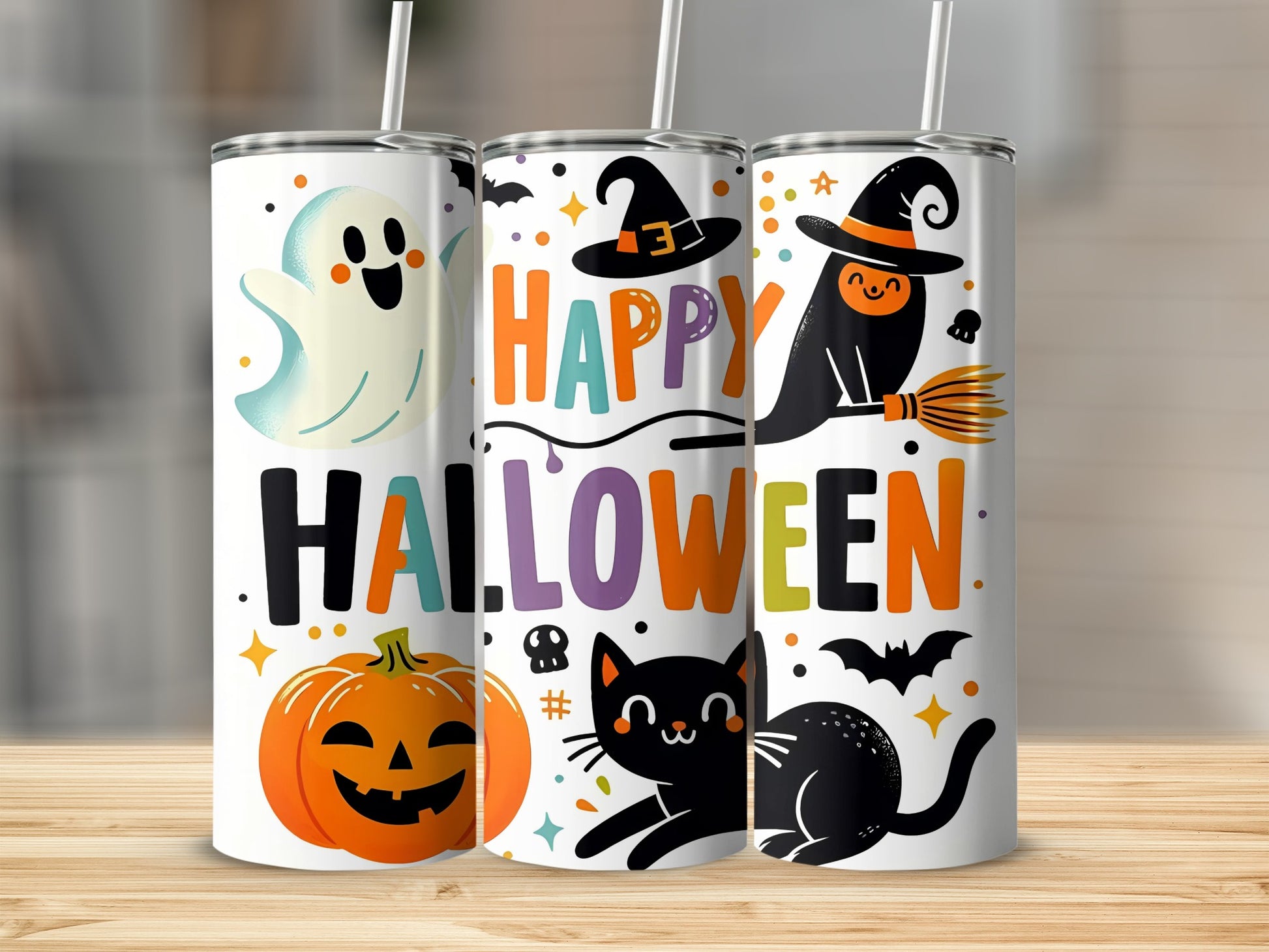 Spooky Halloween Ghost Witch Cat Pumpkin Design Tumbler