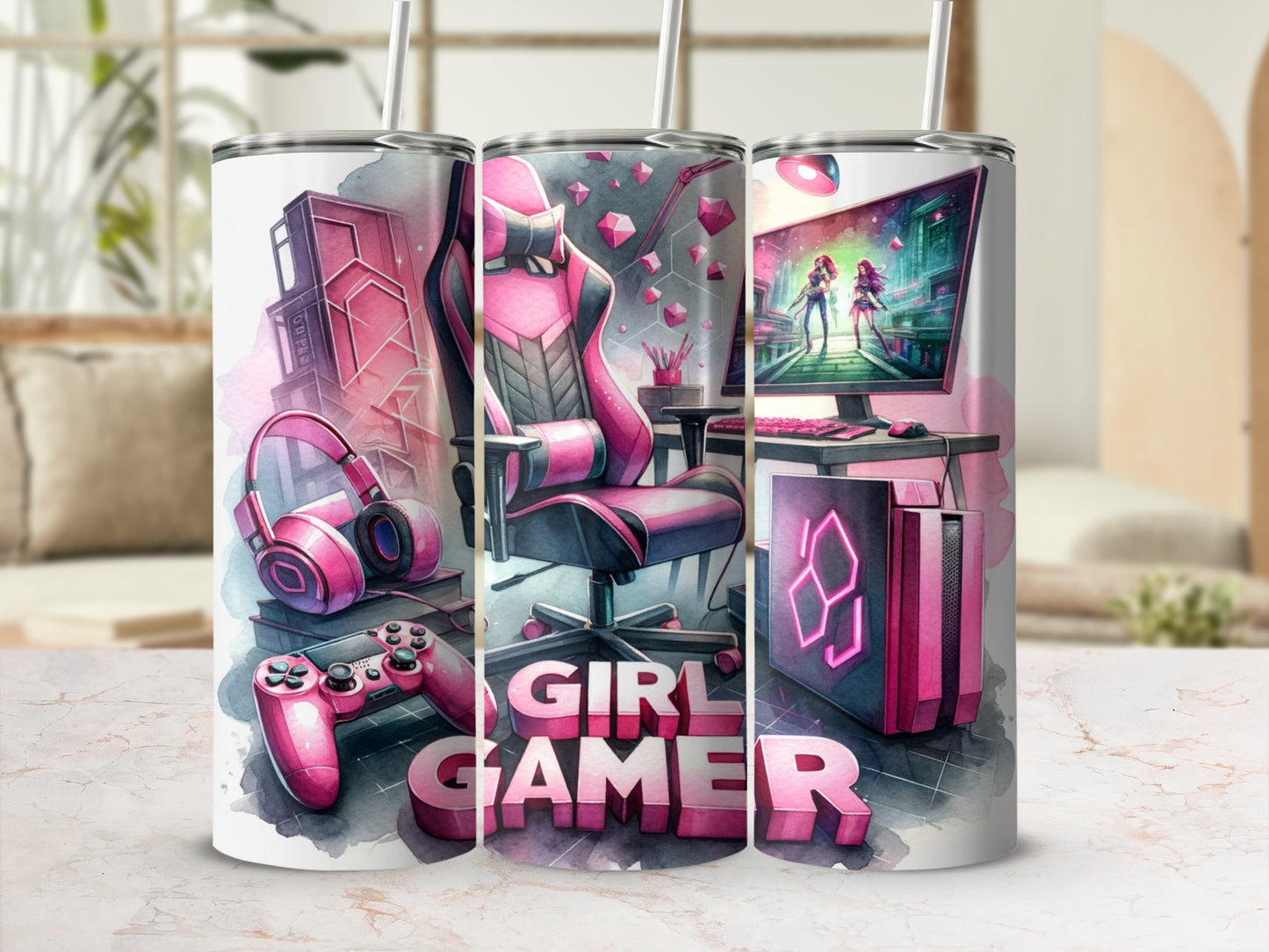 Pink gaming chair, headphones, and controller with "Girl Gamer" text.