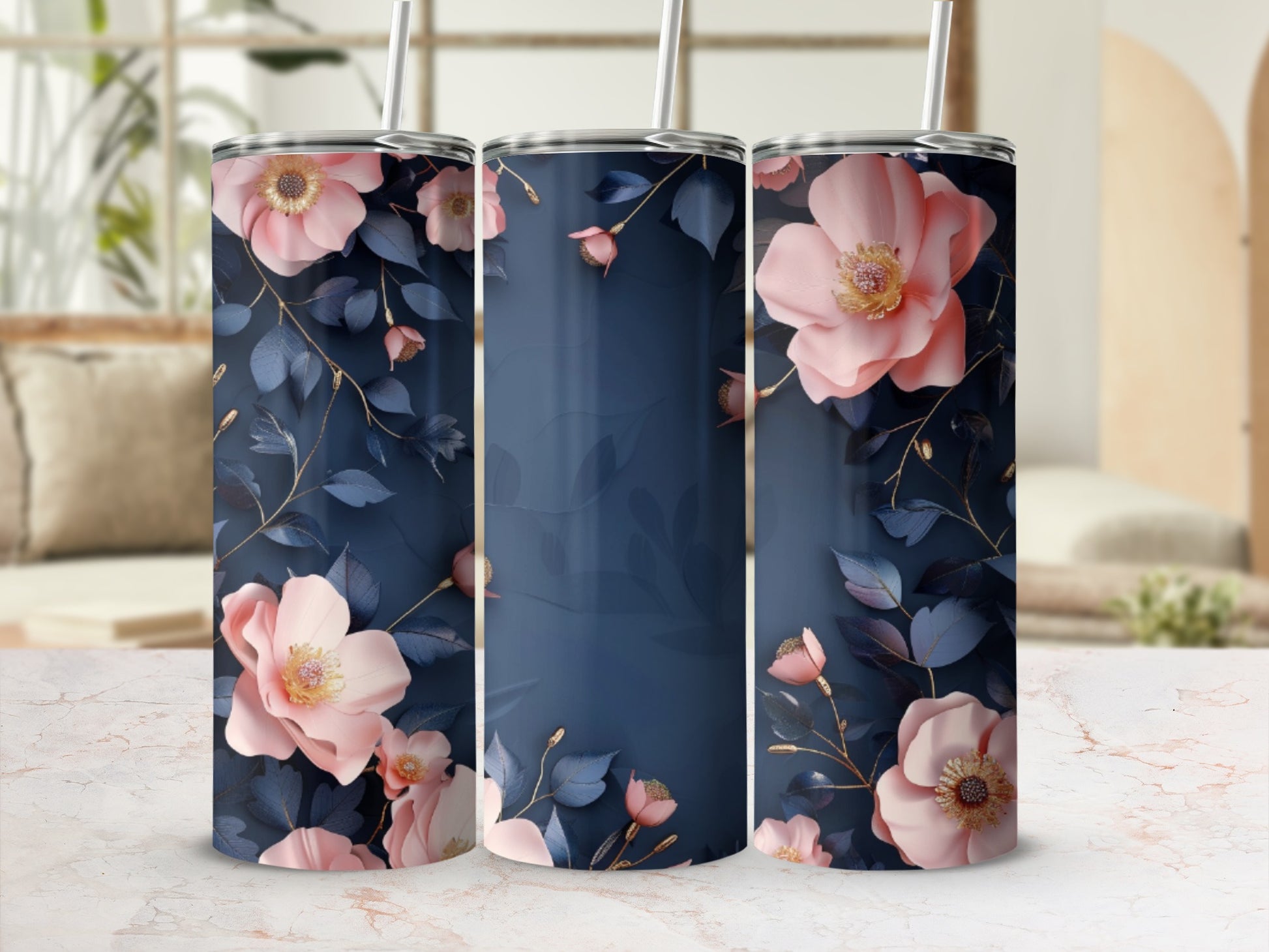 Triptych of navy blue tumblers with pink floral and dark leaf design.