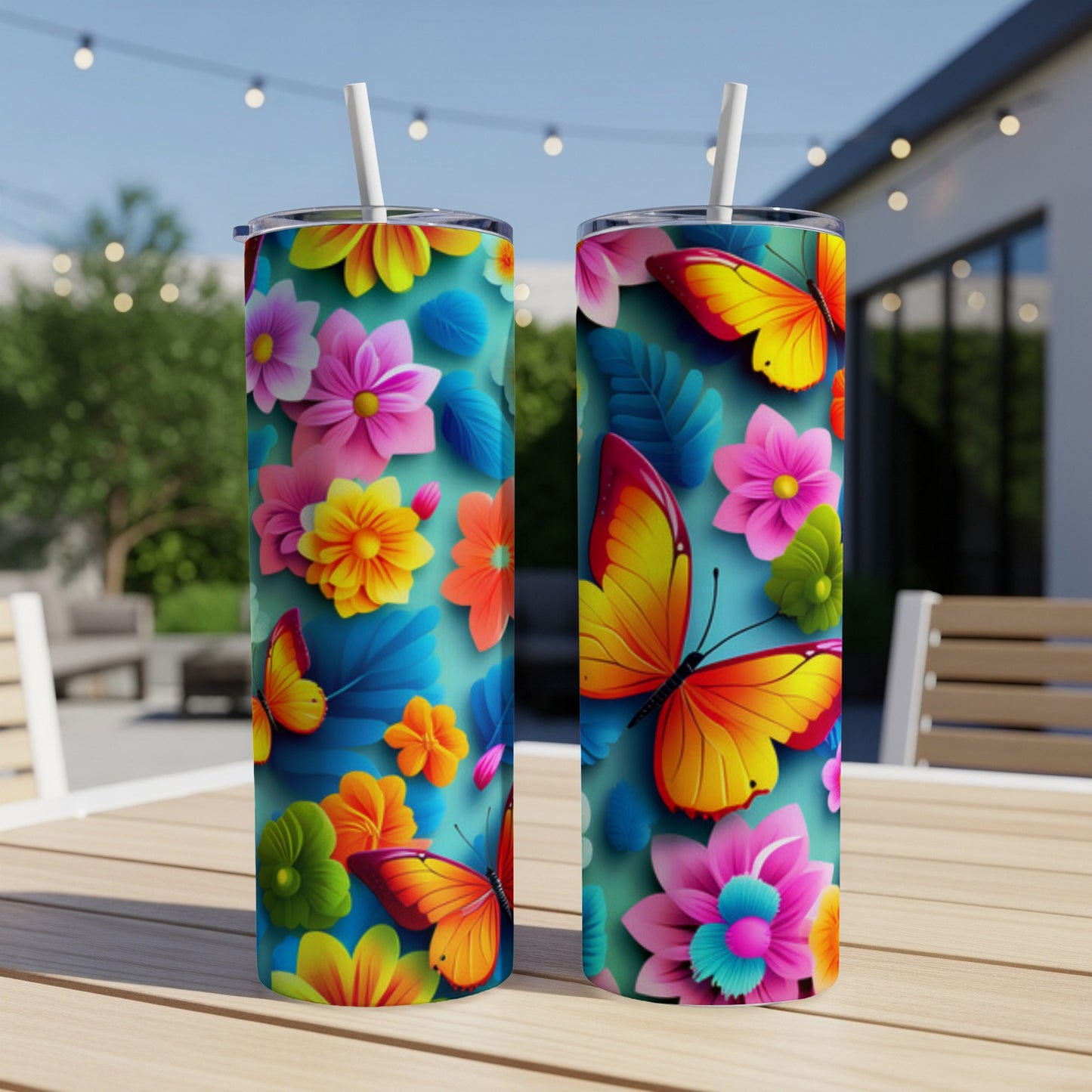 Two tall tumblers with colorful butterflies and flowers, resting on a table outdoors.