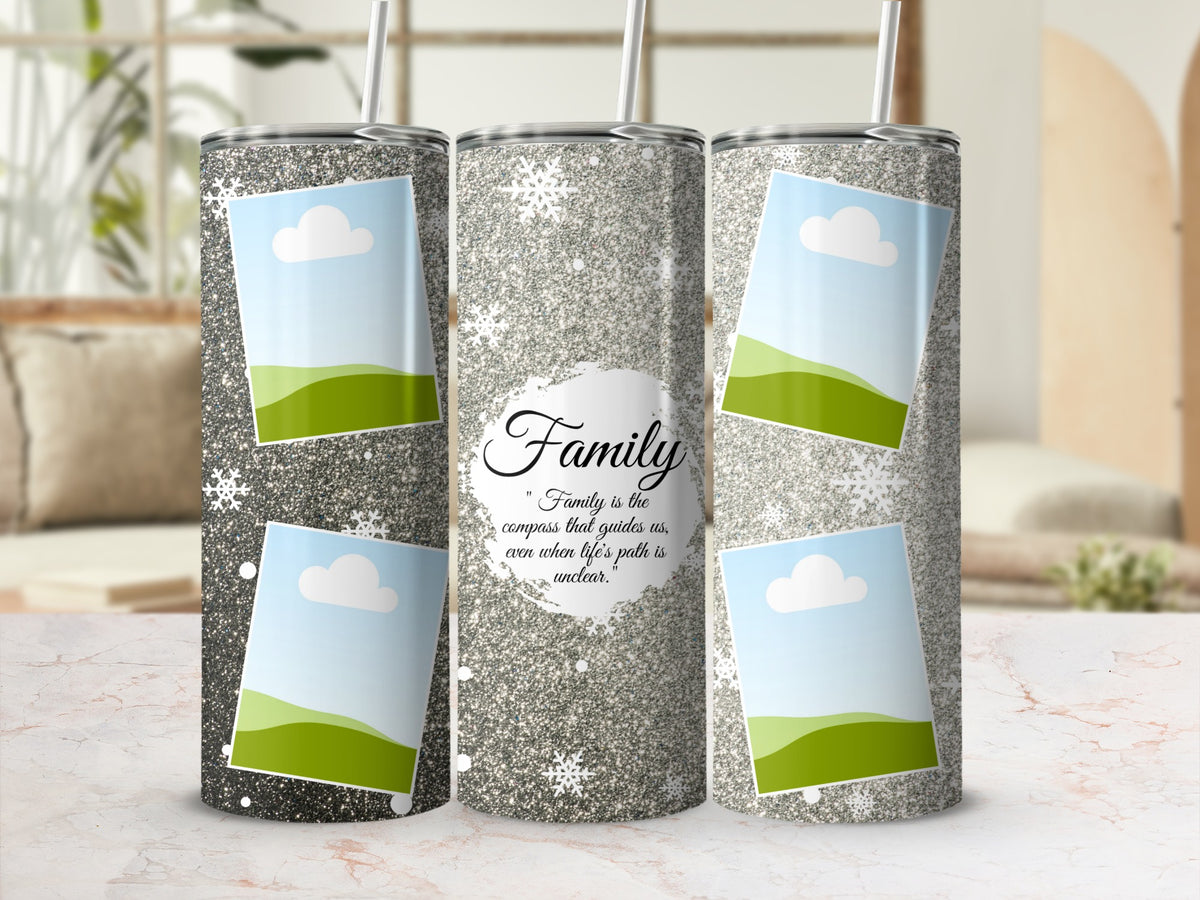 Three glitter tumblers with snowflakes and landscape photo placeholders, one with "Family" quote.